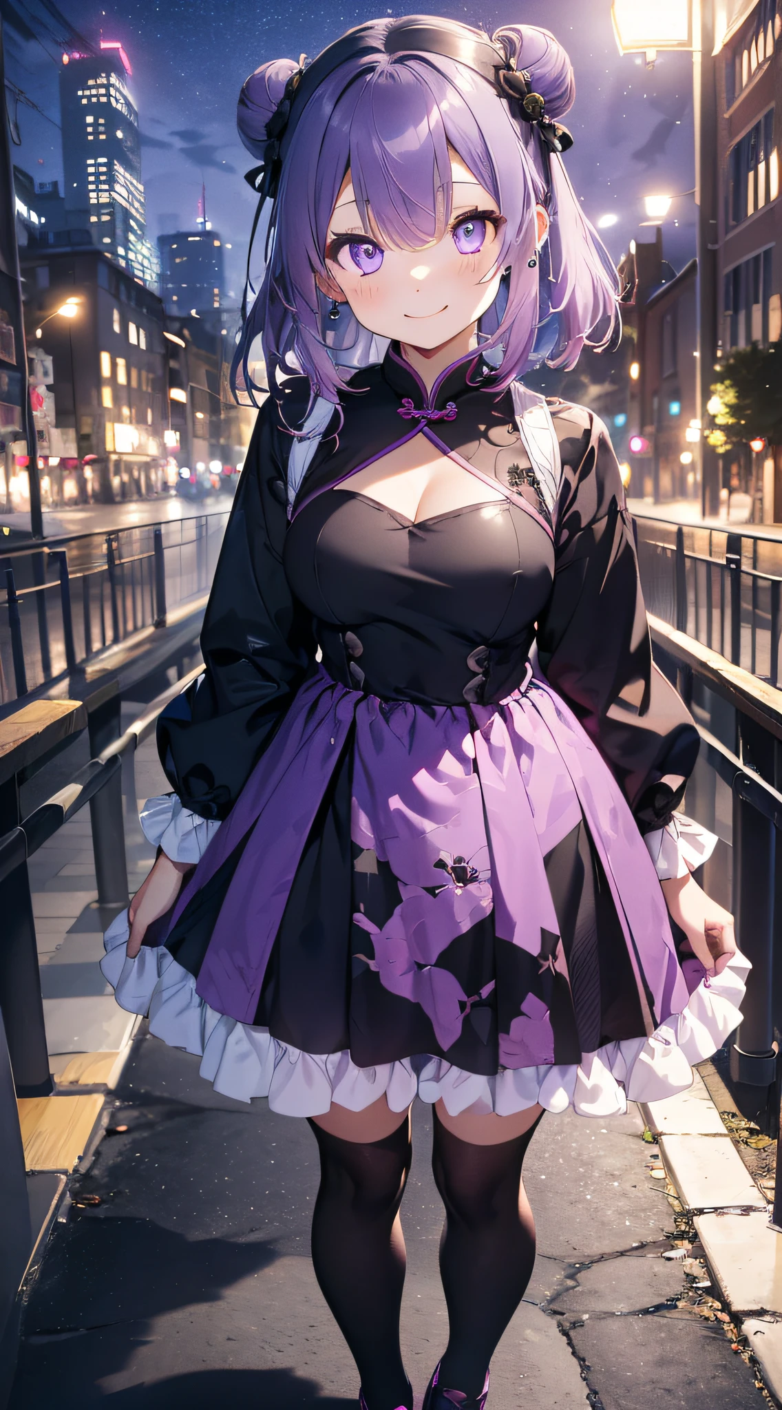 Top image quality、(((full bodyesbian))),Standing Picture、Outstanding style、beauty legs、Leather shoes、dynamicposes、Chest protruding pose、Little Girl, Younger、Gothic lolita, (((light purple hair))), Purple eyes, (mascara), Blunt bangs, ((hair over eyes)), Long hair, mixed pink hair、pink mesh color、medium breasts, frilld, Bun、Black clothes、White bread cover、(((white bun hair accessory cover))),white frills, Black theme, ((Black cheongsam)), faithfully, (((Eye focus))), (((a smile))), the background is blurred, Empty eyes, Black theme、view the viewer,  (((Night))), (((hair adornments))), neatly cut bangs