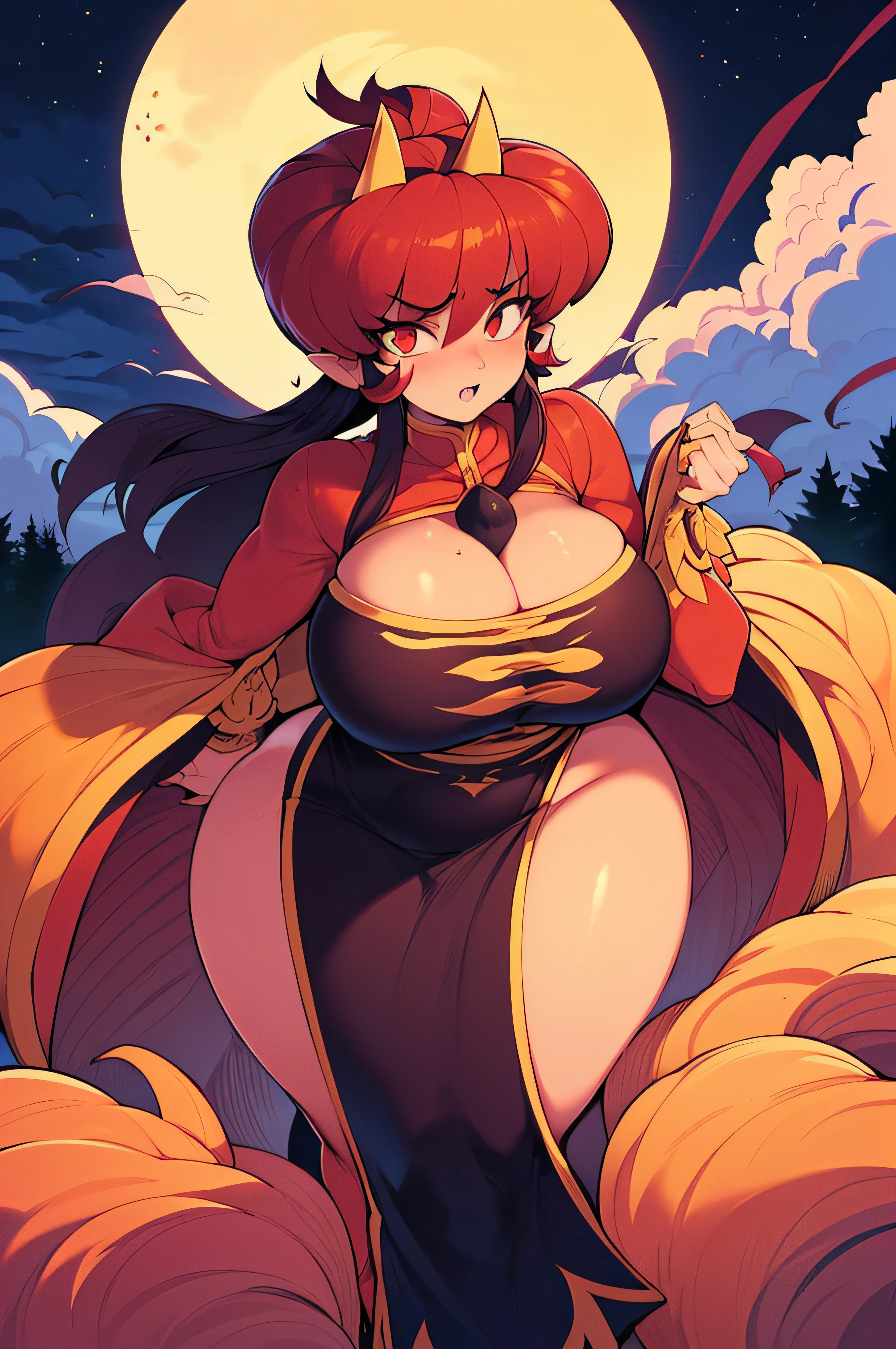 16K, HD, Shampoo_(Ranma1/2), Close up, ((anatomically correct)), 1 girl, ((Red: 1.5)) demon horns, (Fair skin), Voluptuous, Sexy, Busty, Curvy waist, Plump butt, Nipples, (Long detailed cloak: 0.5), (Detailed long red/black dress with long sleeves), Expressions, alluring_stare, Front facing, Standing, (Long Black/orange hair), (Red: 1.0) glowing eyes, Long pointy ears, Highly detailed face, Highly Detailed Lips, Detailed Eyes, Female_demoness, Professional, Highly Detailed, ((Masterpiece: 0.3)), ((Night)) ((Standing in a dense foresty area with clouds and moon over head: 1.5)) (soft light coming off of moon: 1.5), ((High Quality))