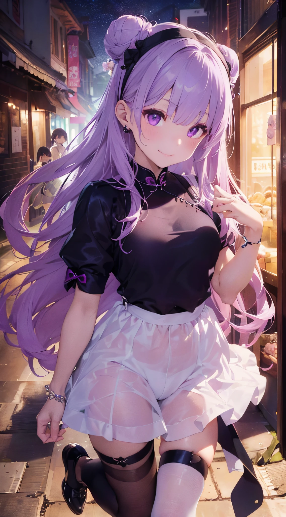 Top image quality、(((full body Esbian))),Standing picture、Outstanding style、beauty legs、Leather shoes、dynamicposes、, Younger、Gothic lolita, (((Light purple hair))), Purple eyes, (mascara), Blunt bangs, ((hair over eyes)), Long hair, mixed pink hair、pink mesh color、medium breasts, frilld, Bun、Black clothes、White bread cover、(((white bun hair accessory cover))),white frills, Black theme, ((Black cheongsam)), faithfully, (((Eye focus))), (((A smile))), the background is blurred, Empty eyes, Black theme、view the viewer, (((Night))), (((hair adornments))), neatly cut bangs、5 fingers、Five Fingers、perfect hand、perfecthand