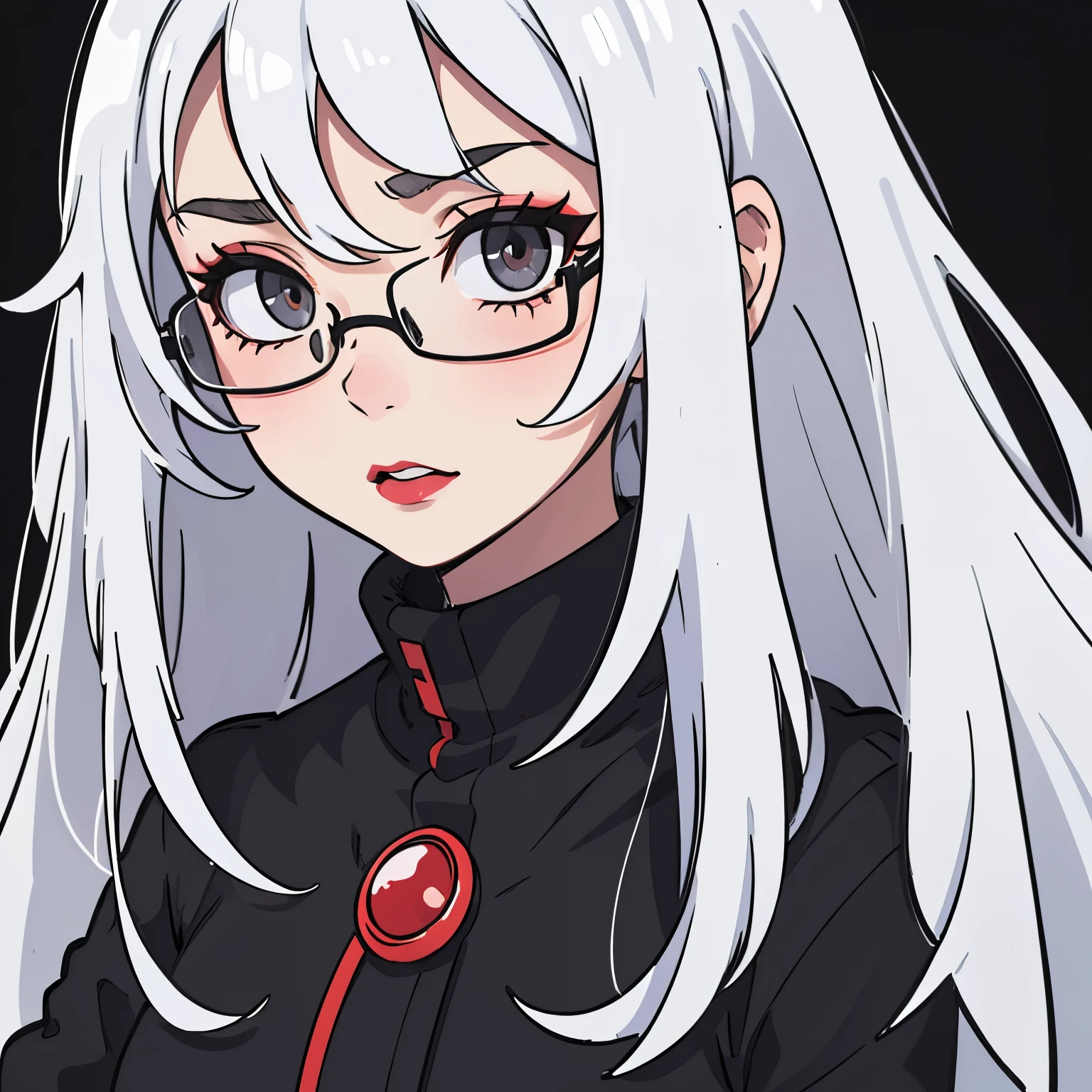 Perfect proportion, masterpiece, high quality, high details, (white hair), (1woman), ((adult woman face)), red lipstick, grey eyes. all black background. Close up to face. Face datailed.[[[PERFECT EYES]]. With glasses. Anime style