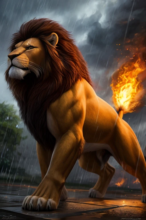 Detailed realistic photo of strong male quadruped strong lion warrior burning in the rain, visible vertically , tecido molhado realista, pelo queimando realista, poses lascivas