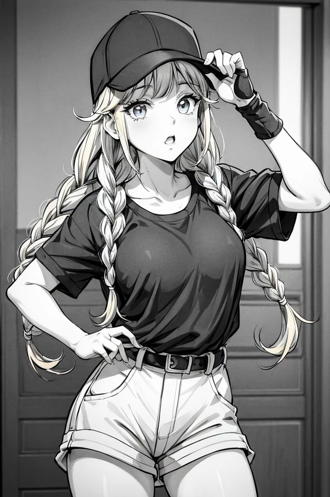 (((greyscale))),a picture of a cartoon girl that is sporting a baseball cap and overalls, 1girl, solo, braid, long hair, blue eyes, blonde hair, baseball uniform, shorts, hat, breasts, sportswear, baseball cap, open mouth, thighs, shirt tucked in, white background, looking at viewer, simple background, shirt, white shirt, short sleeves, belt, bangs,more_details:-1, more_details:0, more_details:0.5, more_details:1, more_details:1.5,Eiko Tsukimi, blue eyes, braid, twin braid, blonde hair, long hair,baseball cap
