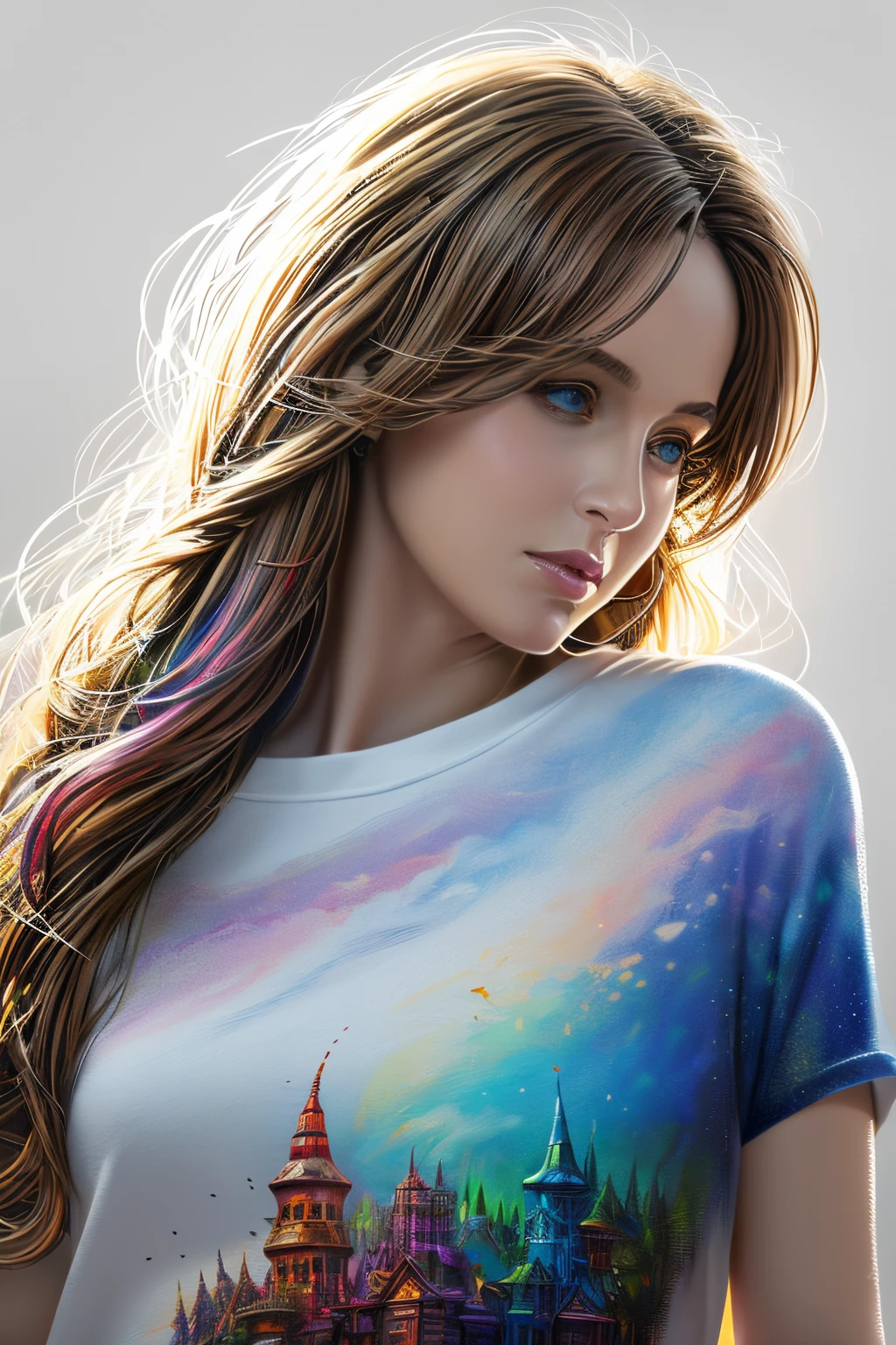 Close up high color painting fantasy sketch imagine drawing art t-shirt (((White background only) (by Karen Griffiths White background only))), Crazy Detail, intricate detailes, Very smooth details, Cinematic lighting, exposure blend, nffsw, Saturated colors, 8K,