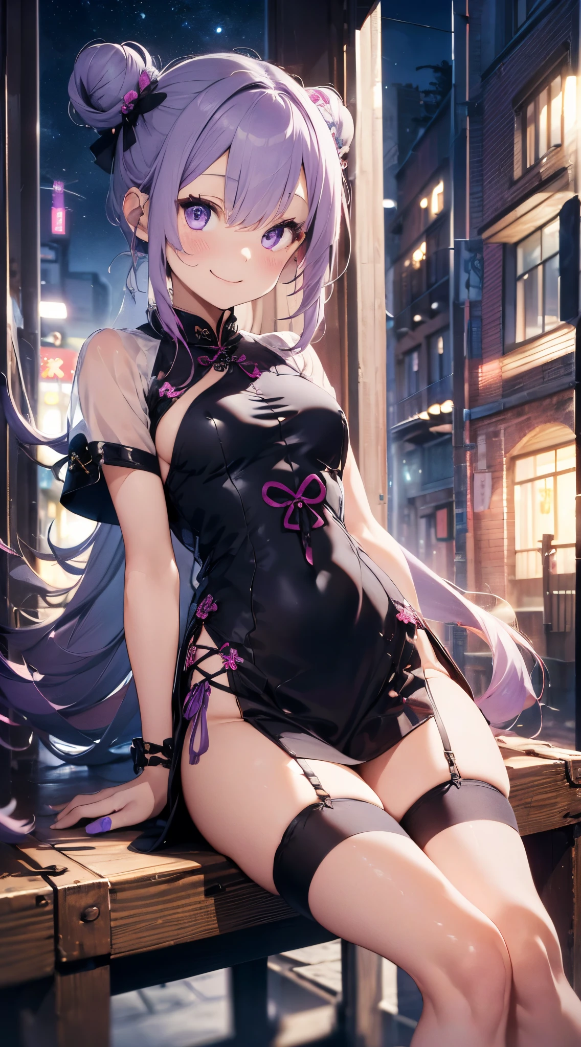 Top image quality、(((full body Esbian))),Standing picture、Outstanding style、beauty legs、Leather shoes、dynamicposes、***********, Younger、Gothic ****ta, (((Light purple hair))), Purple eyes, (mascara), Blunt bangs, ((hair over eyes)), Long hair, mixed pink hair、pink mesh color、medium breasts, frilld, Bun、Black clothes、White bread cover、(((white bun hair accessory cover))),white frills, Black theme, ((Black cheongsam)), faithfully, (((Eye focus))), (((A smile))), the background is blurred, Empty eyes, Black theme、view the viewer, (((Night))), (((hair adornments))), neatly cut bangs