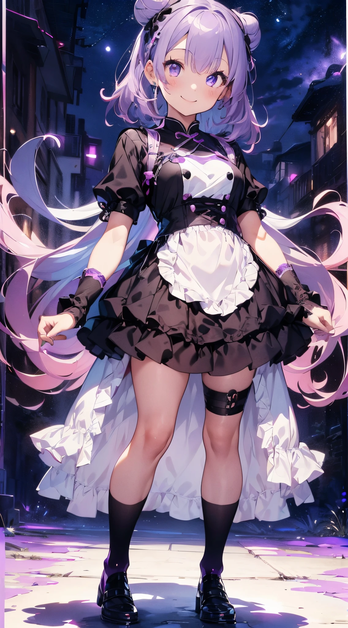 1 plump girl,The city at night,Black maid outfit,black short skirt,drenched clothes,nudegirl,Black suspender stockings,Lift up your skirt yourself, White under underwear, Cute white panties,spread, Lingerie Camelto