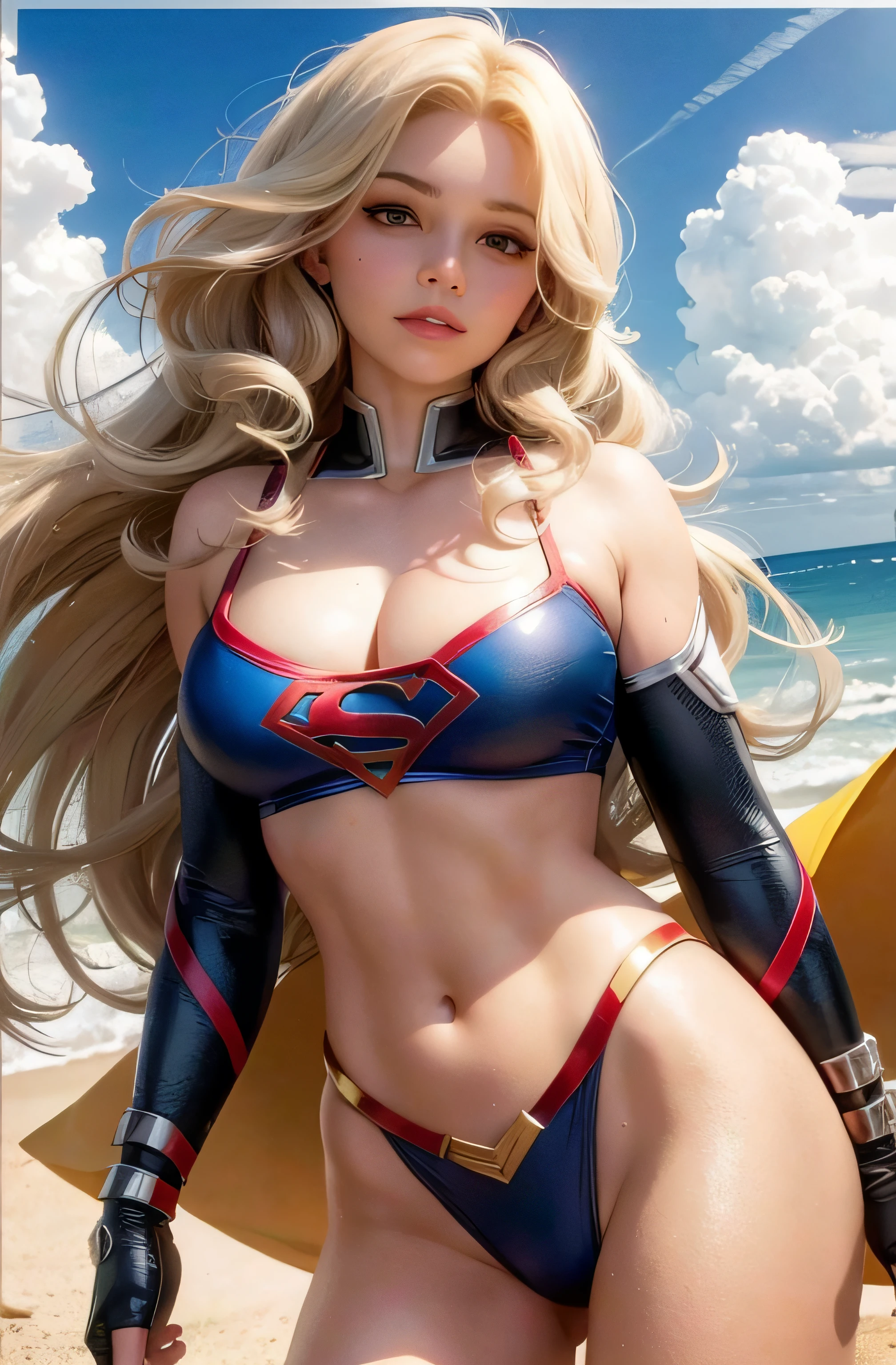 Supergirl de la Edad de Plata en una playa en bikini. cabello rubio, Arte al estilo de John Byrne