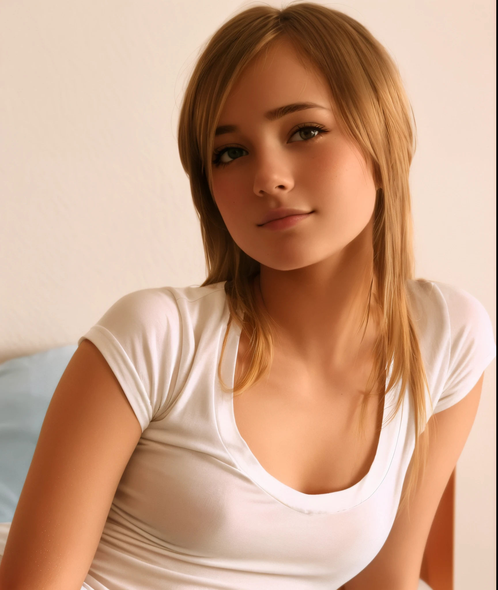 there is a woman sitting on a bed with a remote in her hand, beautiful alluring teen, dressed in a white t shirt, clothed in white shirt, hot petite teen girl, cute young girl, girl next door innocent look, in white clothes, young teen, a beautiful teen-aged girl, beautiful blonde girl, young and cute girl, cute young woman