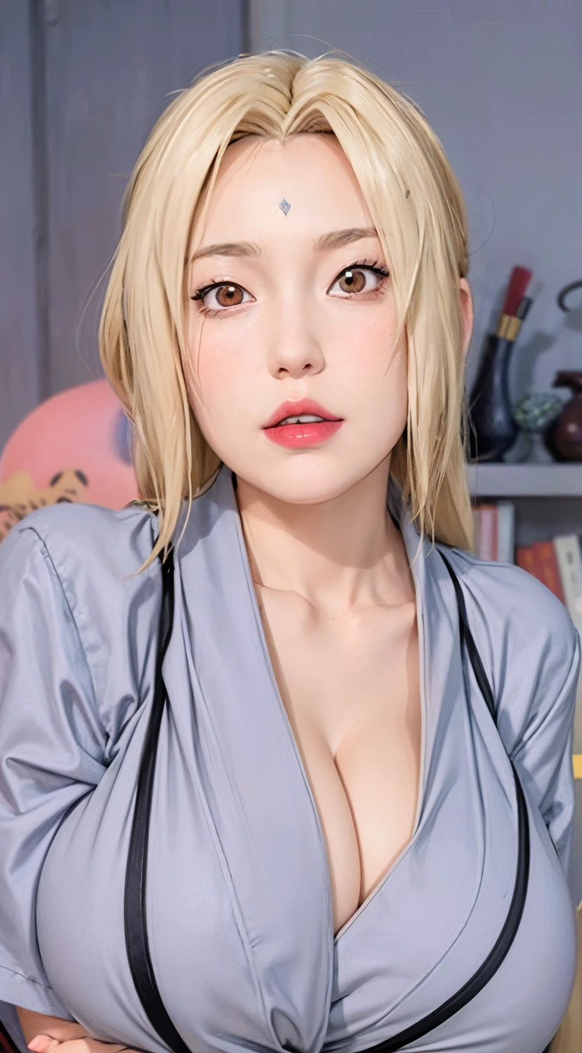 (huge tits), cleavage, good anatomy, masterpiece, best quality, 4k, 8k, professional photography, soft light, sharp focus, 1 girl, blonde hair, kimono, (mountai), clouds, blonde hair, parted banks, detailed face+brown eyes, smile, closed lips, lipstick, bookshelves, windows,realistic, Tsunade in anime (Naruto)