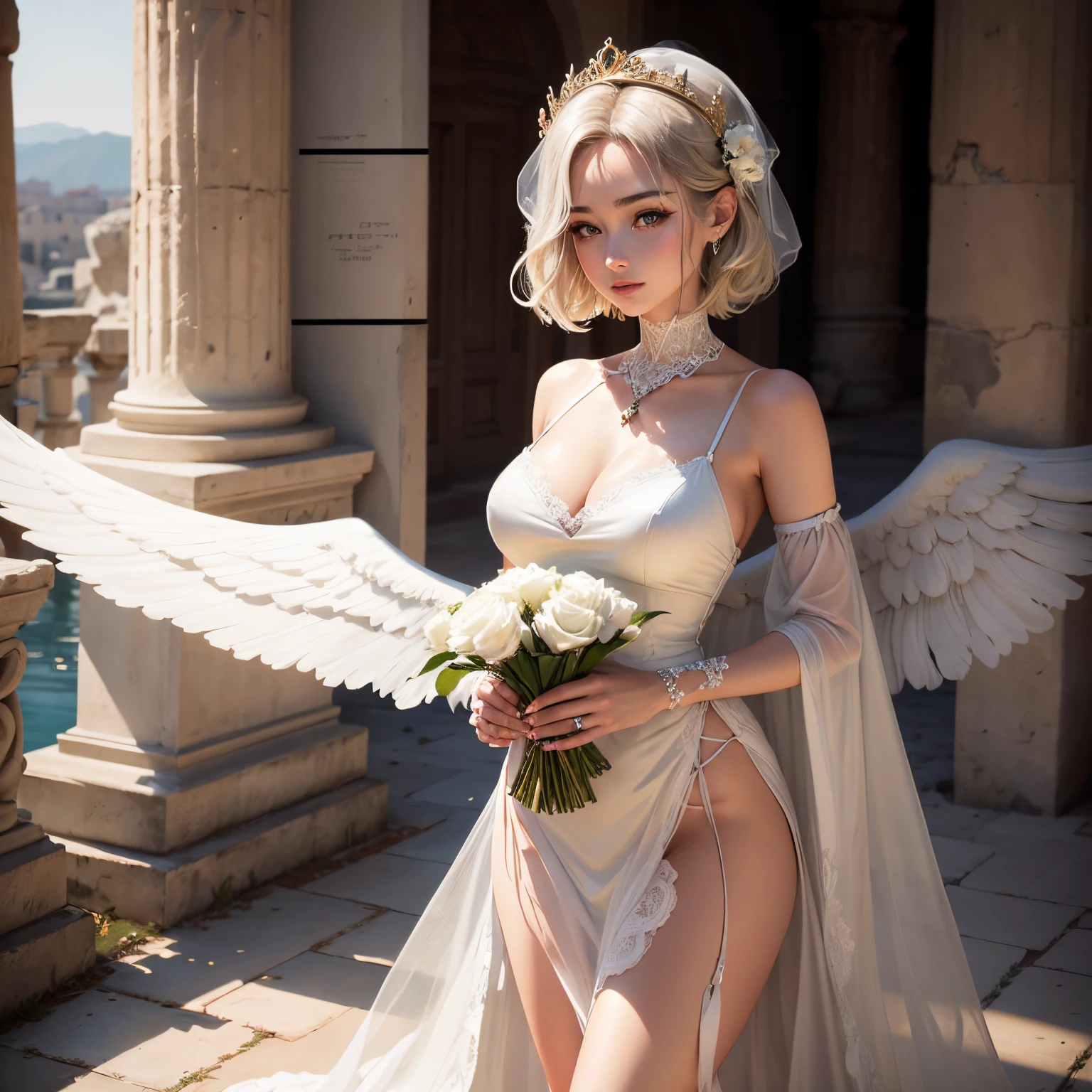 Ancient Greek ruins where only pillars remain、Walk in front of the fountain、Full body posture、8K、realphoto、超A high resolution, Master Parts, Best Quality, nffsw , cinematic images,Lovely girl、ann、18year old、Anglo-Saxon、二重まぶた、drooing eyes、Very big eyes、Dark eye shadow、The lips are very thin、The nasal muscles stretch beautifully、the tip of the nose is small,,,,, ighly detailed , Dark gold hair、Straight short hair、ssmile、 Sweet look 、a very beautiful woman、legs are long、 Very clear shadows , jewely , A sexy , A detailed eye, very intricate, shiny skins , Perfect Brilliant, Perfect Lighting, Dramatic shadows ,White tiara on head、Greek see-through white dress、Dress is a see-through mini skirt、See-through white lace angel wings behind shoulders 、High Heel Glass Shoes、Lace white gloves、holding a bouquet of white flowers with both hands、White see-through veil from the back of the head、Silver necklace around the neck、