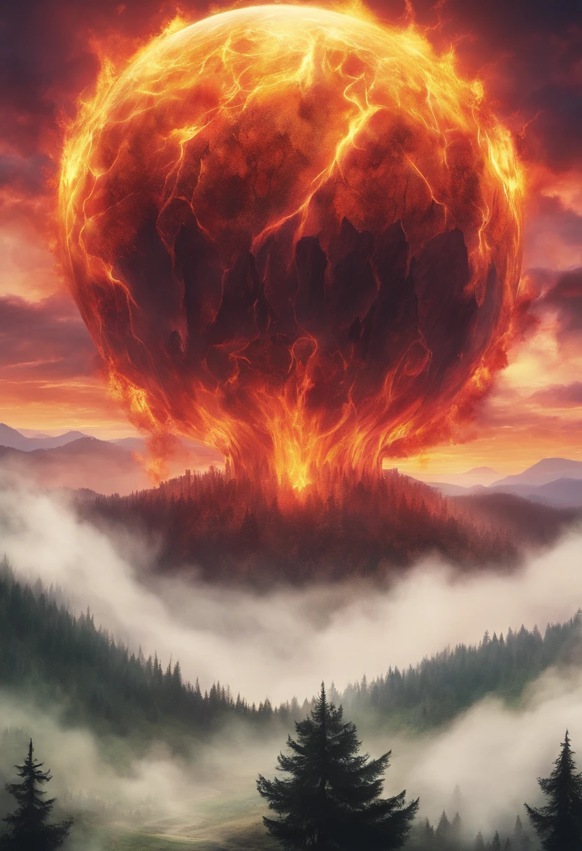 firey orb hovering over a forest with a large fantasy city in the distance. the orb is raining fireballs and destruction down on the forest, with the trees beneath it alight and dark plumes of smoke rising from many areas in the forest. This should show devestation and a vision of an armageddon yet to come.