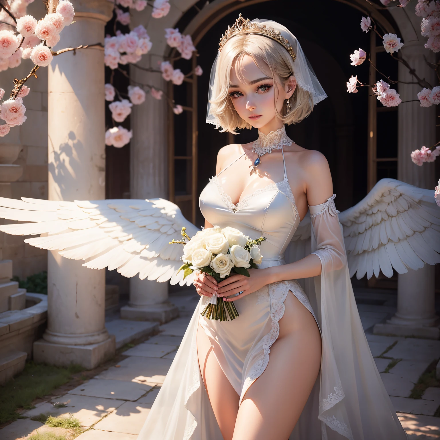 Ancient Greek ruins where only pillars remain、Walk in front of the fountain、Full body posture、8K、realphoto、超A high resolution, Master Parts, Best Quality, nffsw , cinematic images,Lovely girl、ann、18year old、Anglo-Saxon、二重まぶた、drooing eyes、Very big eyes、Dark eye shadow、The lips are very thin、The nasal muscles stretch beautifully、the tip of the nose is small,,,,, ighly detailed , Dark gold hair、Straight short hair、ssmile、 Sweet look 、a very beautiful woman、legs are long、 Very clear shadows , jewely , A sexy , A detailed eye, very intricate, shiny skins , Perfect Brilliant, Perfect Lighting, Dramatic shadows ,White tiara on head、Greek see-through white dress、Dress is a see-through mini skirt、See-through white lace angel wings behind shoulders 、High Heel Glass Shoes、Lace white gloves、holding a bouquet of white flowers with both hands、White see-through veil from the back of the head、Silver necklace around the neck、