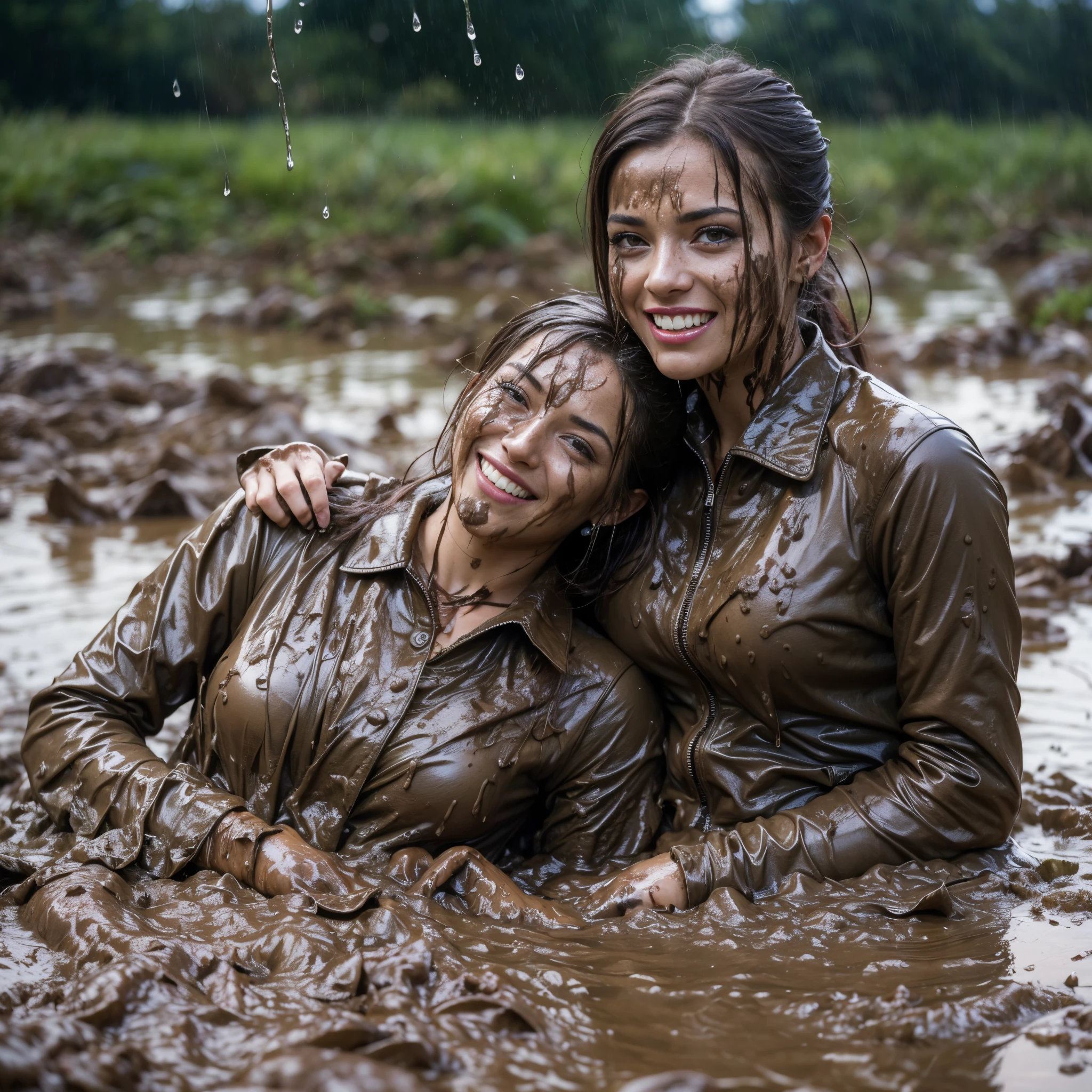 (masterpiece, best quality:1.2), cowboy shot,  2girl, 27 yo businesswomen, smile, looking at viewer, pencil skirt, belt, white blouse, jacket wet clothes, soaked, dripping wet, wet hair, wet skin, translucent, glistening with oil, fully clothed, wet muddy field, dripping with mud, muddy arms, muddy hair, lying in mud, submerged, covered all over, muddy face, muddy hair, wrestling in mud, struggling with each other, moonlight