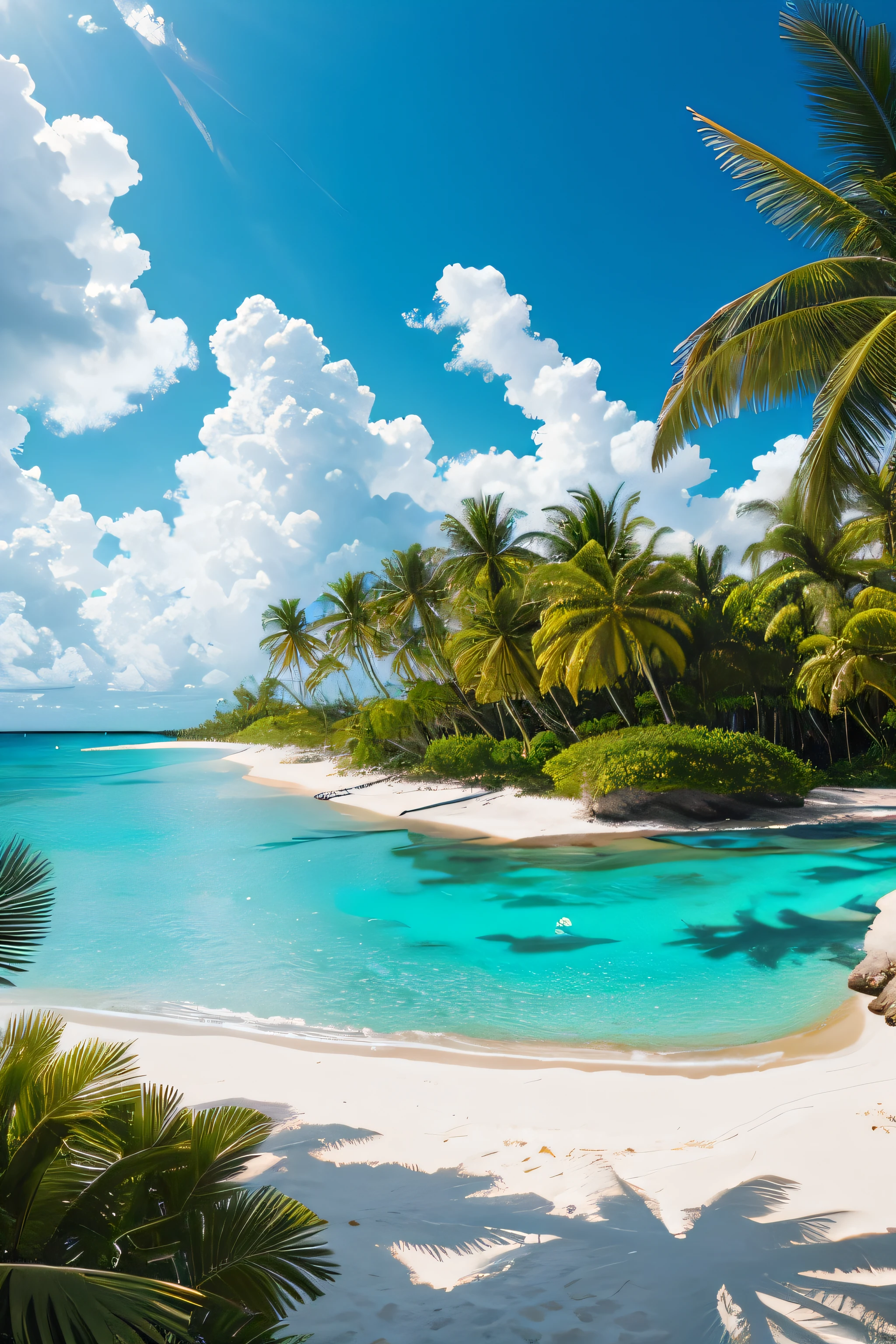 a lush tropical paradise, surrounded by vibrant colors and breathtaking beauty. The sky above is a flawless shade of azure blue, dotted with fluffy white clouds that lazily drift by. The sun shines warmly, casting a golden glow upon the landscape, illuminating every shade of green. In front of you lies an expansive beach, where powdery white sand meets crystal-clear turquoise waters. Gentle waves caress the shore, creating a soothing melody as they ebb and flow. Palm trees sway gracefully in the gentle breeze