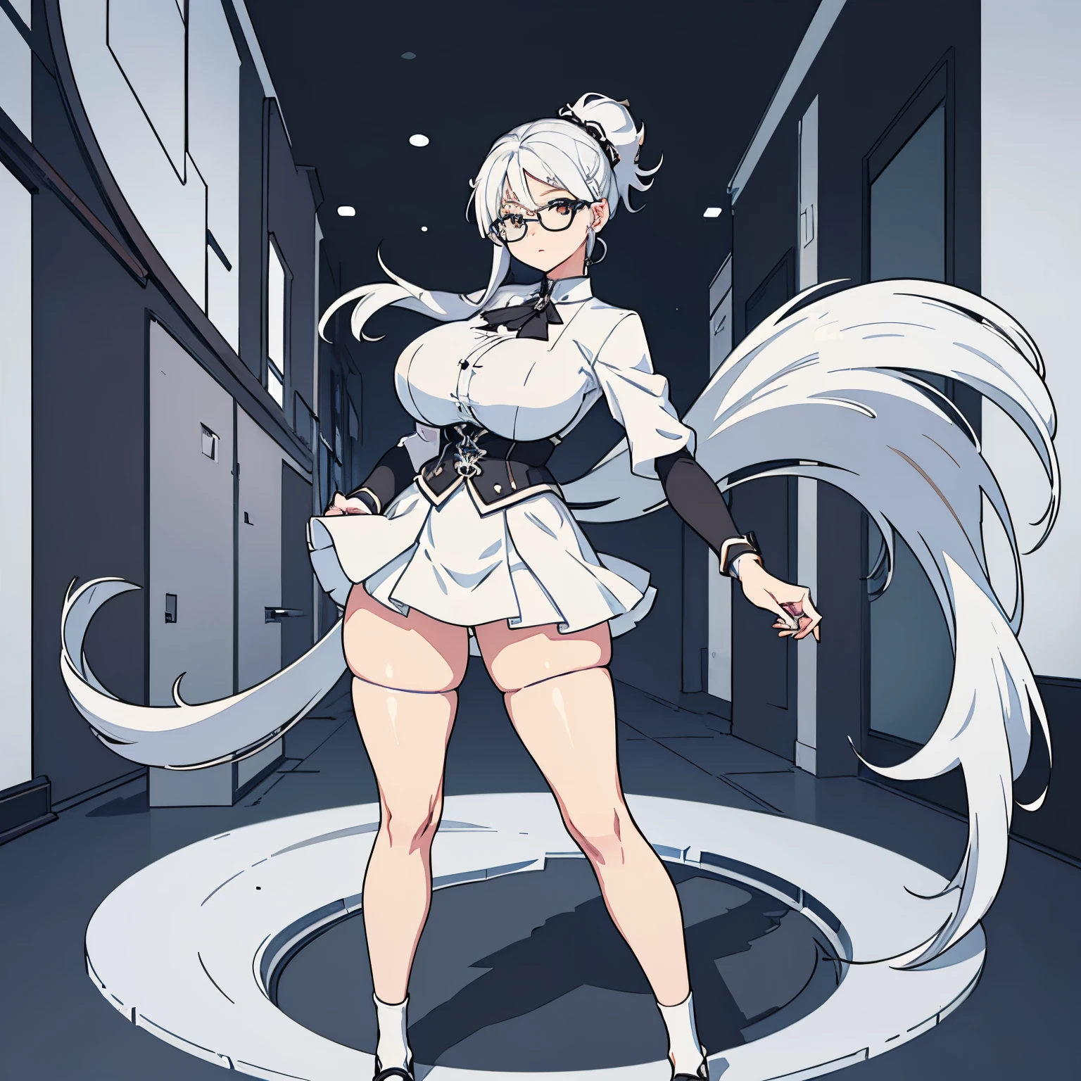 Perfect proportion, perfect body, masterpiece, high quality, high details, (white hair), (1woman), ((adult woman)),. White social shirt,short gray skirt. Full body, idle pose. With glasses. Huge boobies, no background. Visual novel