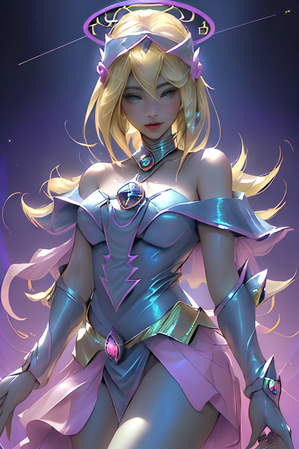((La mejor calidad)), ((Obra maestra)), ((realista)), retrato, dark magician gils.
1girl, celestial, Deidad, diosa, light particles, halo, Mirando al espectador,
(bioluminiscente:0.95), Vibrante, Colorido, Color, (resplandeciente, resplandecer),
(beautiful composition), cinematic lighting, intrincado, (Symmetrical:0.5), Caprichoso,
