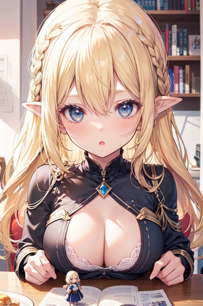 (2girls:1.2), fantasy, princess, bedroom, stone, (height_difference:1.4), (giantess:1.4), a minigirl on a table in front of the breasts of a giantess, a minigirl on a table in front of the breasts of a giantess, giantess elfgirl, big breasts, smug, blushing, looking down, upper body, cleavage, blonde, blue eyes, (breasts closeup: 1.4), a table with a (girl) on it, a table with a girl standing on it, (Masterpiece), (Best Definition Animated Illustration), (Super Definition), knight, armor, shoulder plates, (minigirl:1.5)