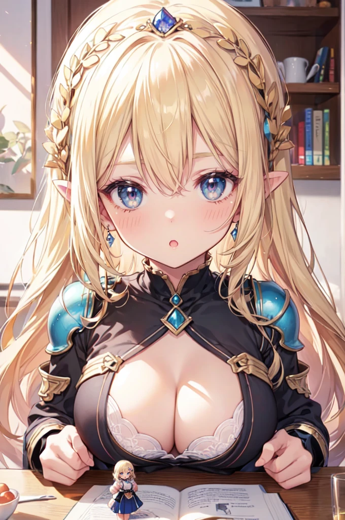 (2girls:1.2), fantasy, princess, bedroom, stone, (height_difference:1.4), (giantess:1.4), a minigirl on a table in front of the breasts of a giantess, a minigirl on a table in front of the breasts of a giantess, giantess elfgirl, big breasts, smug, blushing, looking down, upper body, cleavage, blonde, blue eyes, (breasts closeup: 1.4), a table with a (girl) on it, a table with a girl standing on it, (Masterpiece), (Best Definition Animated Illustration), (Super Definition), knight, armor, shoulder plates, (minigirl:1.5)