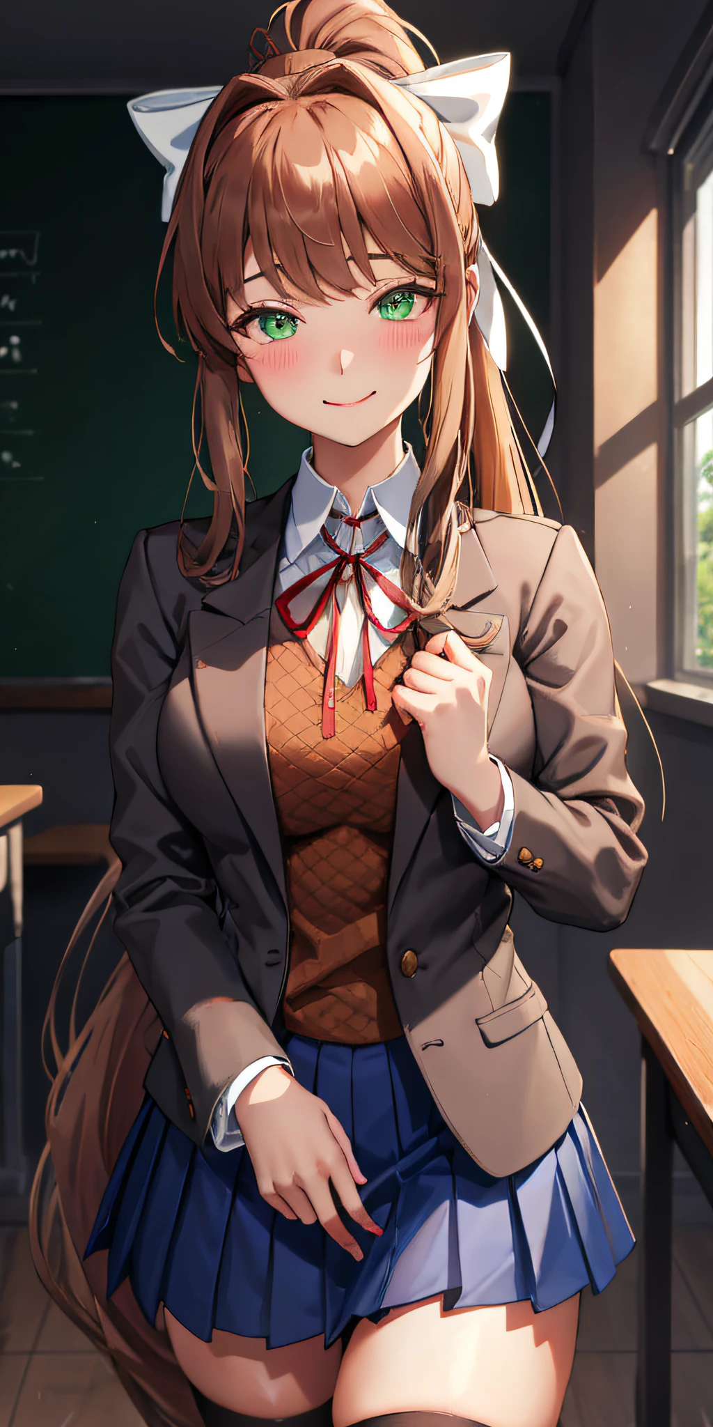 monika, green eyes, very long hair, ponytail, white bow, blazer, brown sweater, collared shirt, neck ribbon, blue skirt, 2girls, heart eyes, smile, lustful gaze, holding chin, blush, classroom