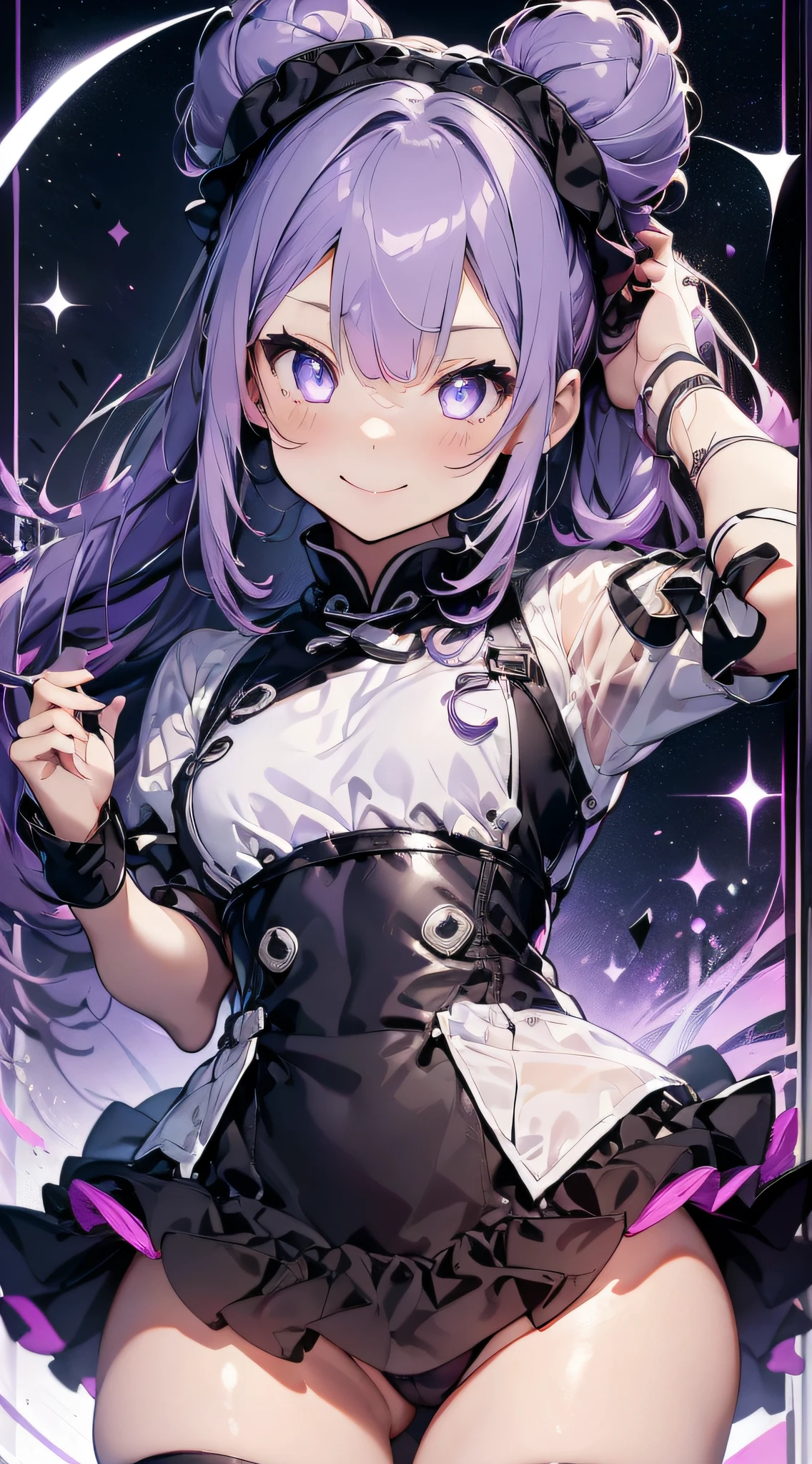 Top image quality、(((full bodyesbian))),Standing Picture、Outstanding style、beauty legs、Leather shoes、dynamicposes、, Younger、Gothic lolita, (((t purple hair))), Purple eyes, (mascara), Blunt bangs, ((hair over eyes)), Long hair, mixed pink hair、pink mesh color、medium breasts, frilld, Bun、Black clothes、White bread cover、(((white bun hair accessory cover))),white frills, Black theme, ((Black cheongsam)), faithfully, (((Eye focus))), (((a smile))), the background is blurred, Empty eyes, Black theme、view the viewer, (((Night))), (((hair adornments))), neatly cut bangs
