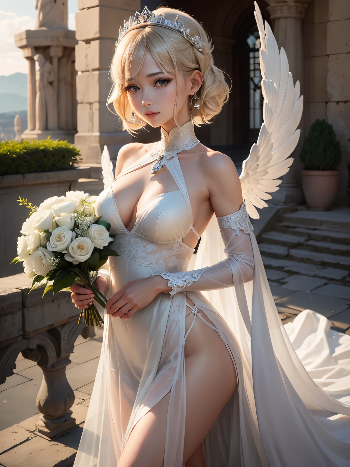 Green plateau、Ancient Greek ruins where only a cylinder remains in the distance、In front of the fountain、行走、8K、realphoto、超A high resolution, Master Parts, Best Quality, nffsw , cinematic images,Lovely girl、ann、18year old、Anglo-Saxon、二重まぶた、drooing eyes、Very big eyes、eye shadow、long lashes、 ighly detailed , a blond、Straight short hair、 Sweet look 、ssmile、Charming gaze、Gentle gaze、thin lipss ,Beautiful nasal muscles、the tip of the nose is small,a very beautiful woman、long limbs、bare-legged、 Very clear shadows , jewely , A sexy , A detailed eye、 shiny skins , Perfect Brilliant, Perfect Lighting, Dramatic shadows ,White tiara on head、Greek see-through white dress、Big white angel wings from behind the back、A bouquet of white flowers held in both hands、