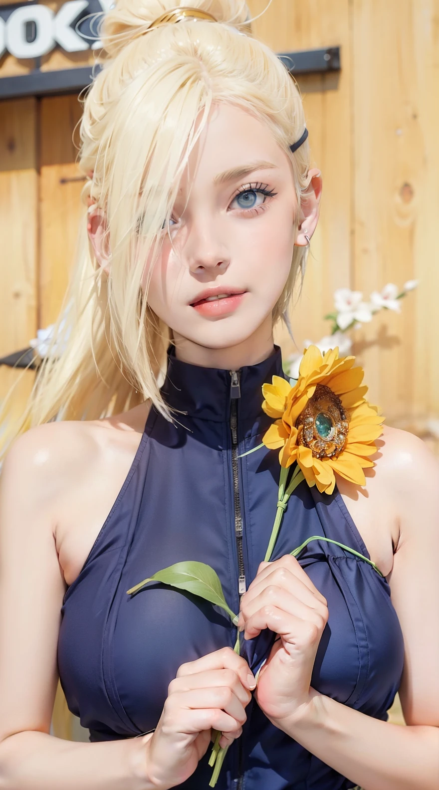 1girl, Ino yamanaka in anime naruto, short hair, yellow hair, blue eyes, smile, beautiful, sexy dress, sexy clothes, white and red clothes, very big breast, realistic clothes, detail clothes, outdoor background, ultra detail, realistic , ultra high ,bes quality , perffect detail pro, from realitic photo