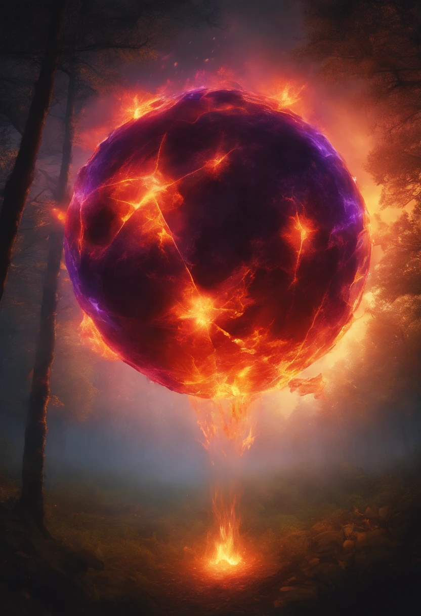 firey orb hovering over a forest, raining down fireballs into the trees below