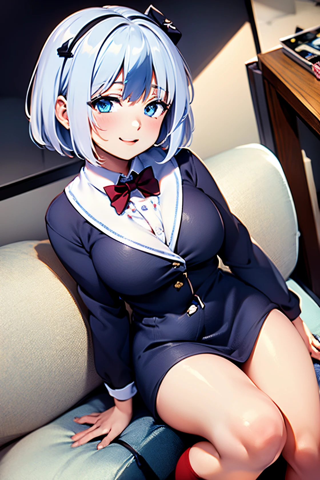 detectivesiesta, smile, short hair, bangs, blue eyes, shirt, hair ornament, long sleeves, dress, bow, white hair, hairclip, blunt bangs, bowtie, red bow, x hair ornament, red bowtie, siesta, (medium breast:1.2), BREAK looking at viewer, BREAK outside, BREAK (masterpiece:1.2), best quality, high resolution