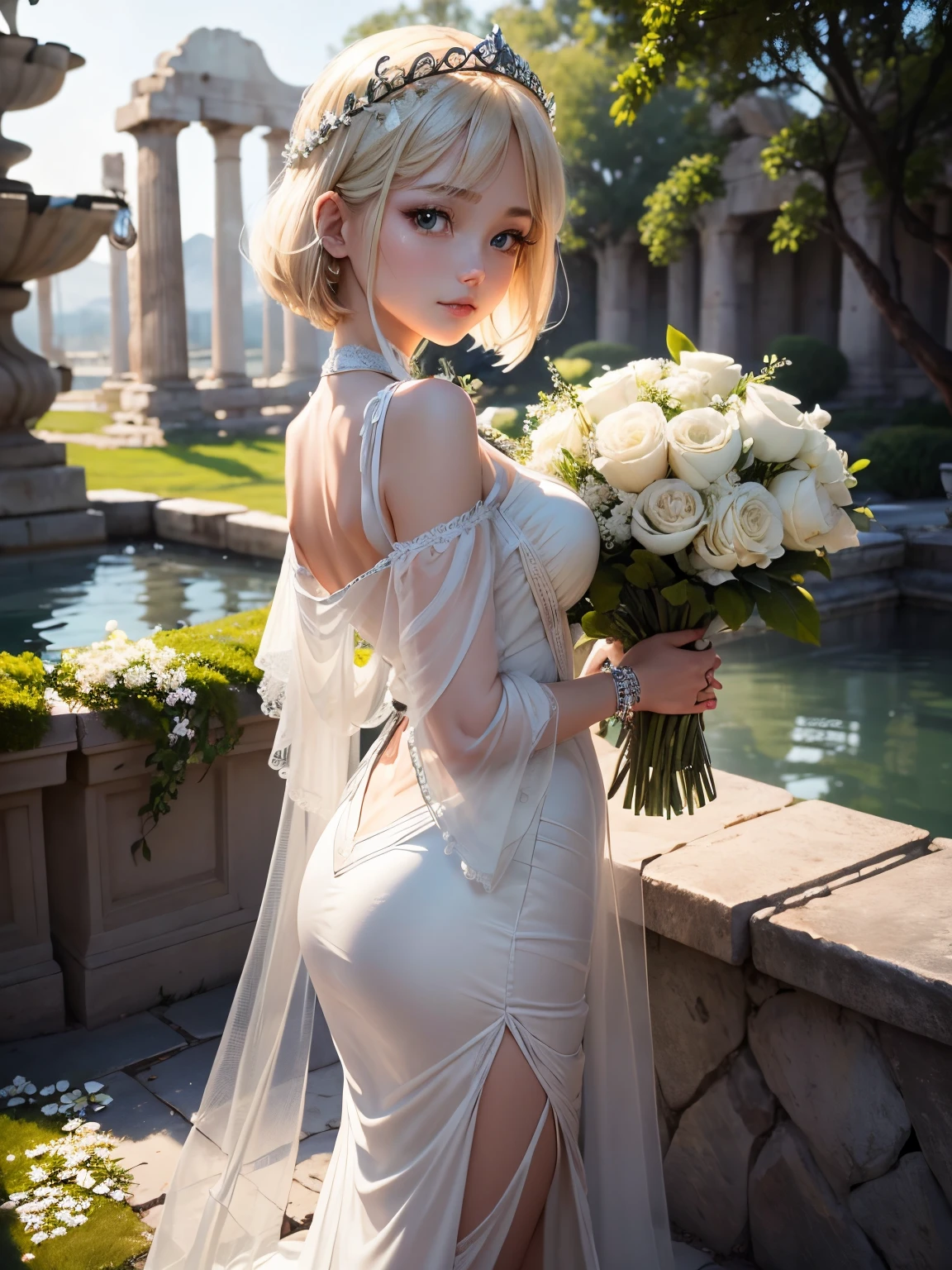 Green plateau、Ancient Greek ruins where only a cylinder remains in the distance、In front of the fountain、行走、8K、realphoto、超A high resolution, Master Parts, Best Quality, nffsw , cinematic images,Lovely girl、ann、18year old、Anglo-Saxon、二重まぶた、drooing eyes、Very big eyes、eye shadow、long lashes、 ighly detailed , a blond、Straight short hair、 Sweet look 、ssmile、Charming gaze、Gentle gaze、thin lipss ,Beautiful nasal muscles、the tip of the nose is small,a very beautiful woman、long limbs、bare-legged、 Very clear shadows , jewely , A sexy , A detailed eye, very intricate, shiny skins , Perfect Brilliant, Perfect Lighting, Dramatic shadows ,White tiara on head、Greek see-through white dress、Big white angel wings from behind the back、White bouquet in both hands、