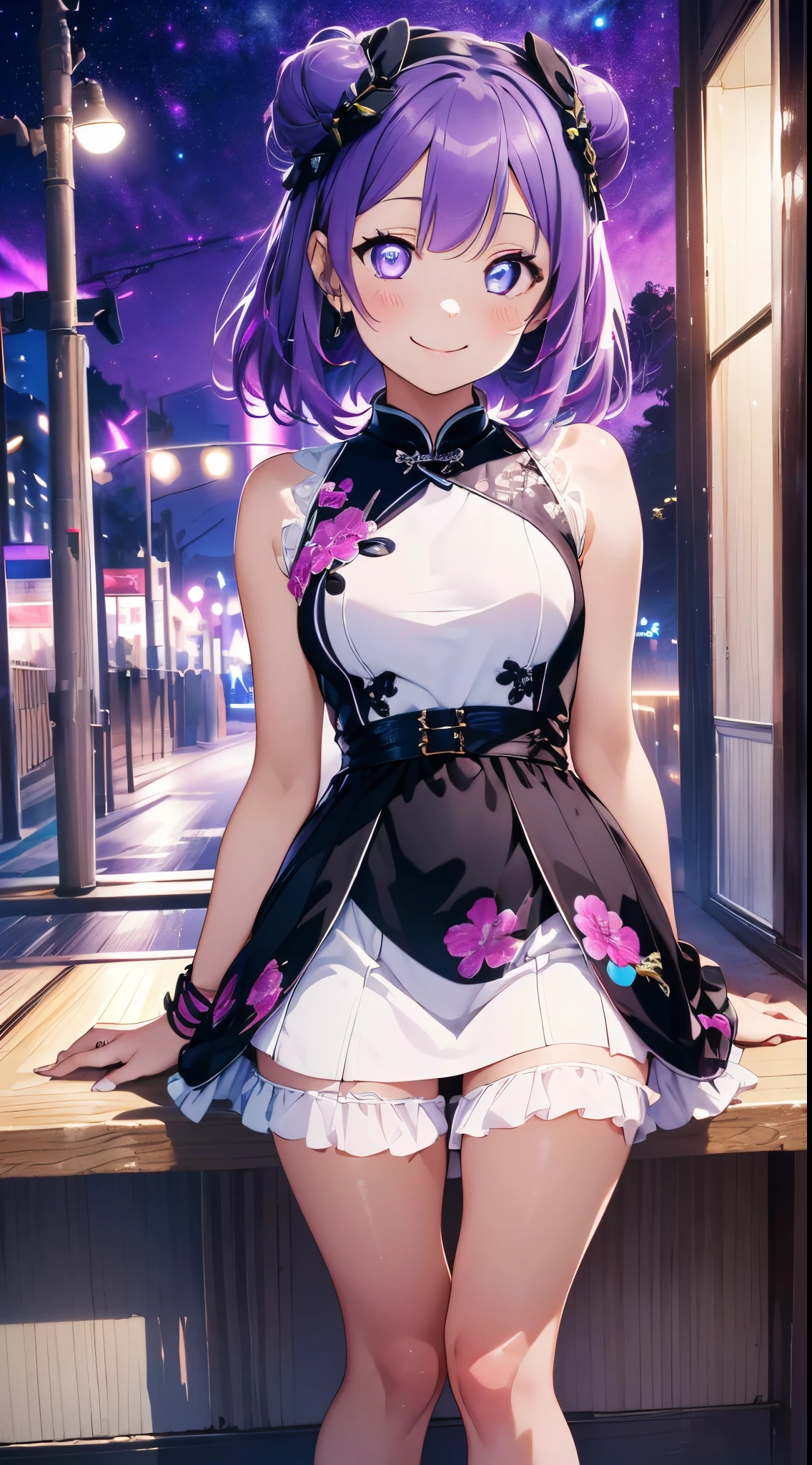 Top image quality、(((full bodyesbian))),Standing Picture、Outstanding style、beauty legs、Leather shoes、dynamicposes、Little Girl, Younger、Gothic lolita, (((light purple hair))), Purple eyes, (mascara), Blunt bangs, ((hair over eyes)), Long hair, mixed pink hair、pink mesh color、medium breasts, frilld, Bun、Black clothes、White bread cover、(((white bun hair accessory cover))),white frills, Black theme, ((Black cheongsam)), faithfully, (((Eye focus))), (((a smile))), the background is blurred, Empty eyes, Black theme、view the viewer, (((Night))), (((hair adornments))), neatly cut bangs