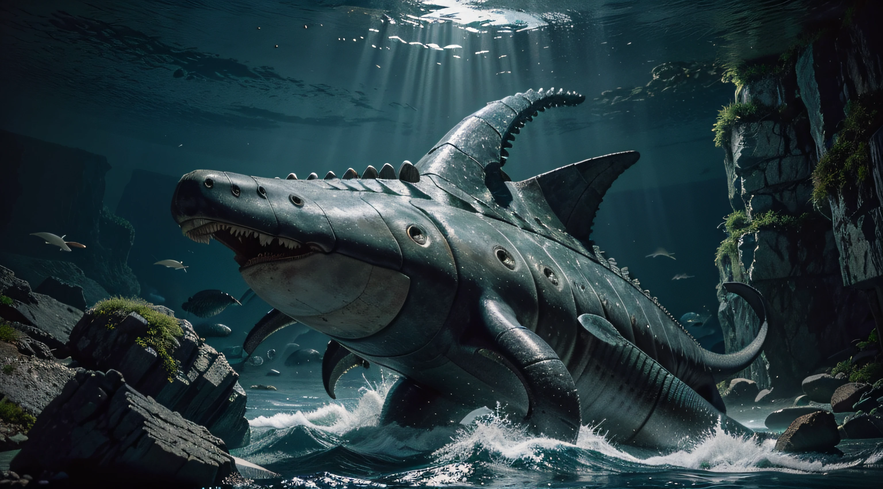 prehistoric marine predator from the Paleozoic period, other prehistoric marine vertebrates nearby (Isotelus, Sanctacaris, Megalograptus, trilobites, Kashmirosaurus, etc.), dramatic lighting, dramatic undersea lighting