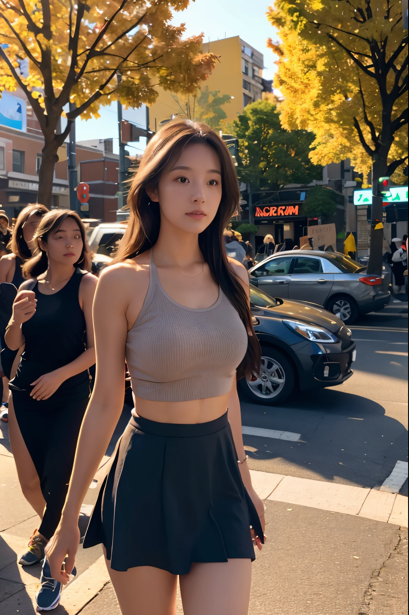 full body portrait, side view, a beautiful 22-year-old woman, facing away from camera, wearing mini skirt, running shoes and halter top, long brunette hair, not exposed, stands in a Portland, Oregon street blocked by protesters, looking away from viewer, beautiful autumn day, 8 k sensual lighting, warm lighting, 4k extremely photorealistic, cgsociety uhd 4k highly detailed, trending on cgstation