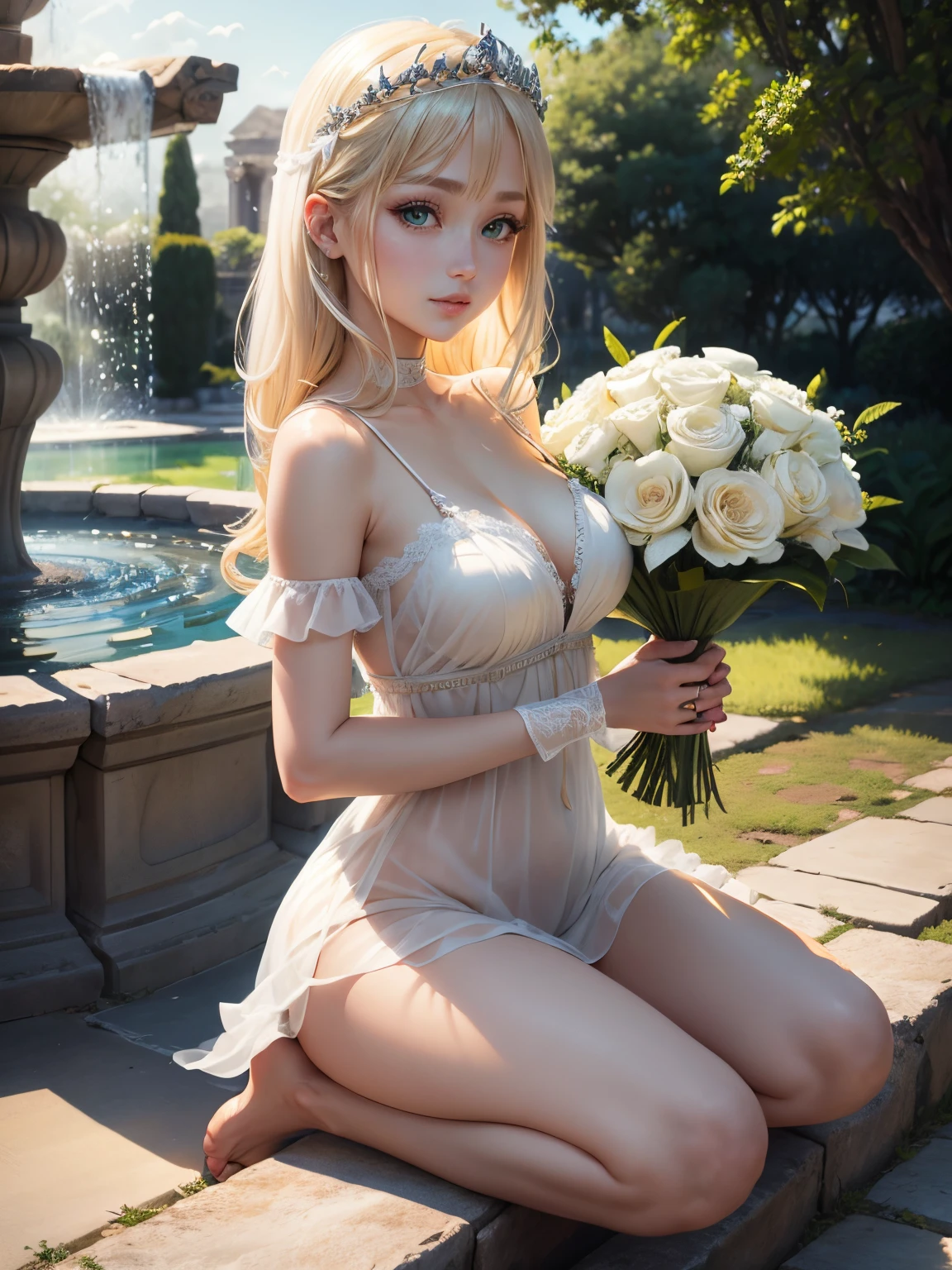 Green plateau、Ancient Greek ruins where only a cylinder remains in the distance、In front of the fountain、8K、realphoto、超A high resolution, Master Parts, Best Quality, nffsw , cinematic images,Lovely girl、ann、18year old、Anglo-Saxon、二重まぶた、drooing eyes、Very big eyes、eye shadow、long lashes、 ighly detailed , a blond、Straight short hair、 Sweet look 、ssmile、Charming gaze、Gentle gaze、thin lipss ,Beautiful nasal muscles、the tip of the nose is small,a very beautiful woman、long limbs、bare-legged、 Very clear shadows , jewely , A sexy , A detailed eye、 shiny skins , Perfect Brilliant, Perfect Lighting, Dramatic shadows ,White tiara on head、Greek see-through white dress、Big white angel wings from behind the back、White bouquet in both hands、White bouquet with silver ribbon wrapped around it