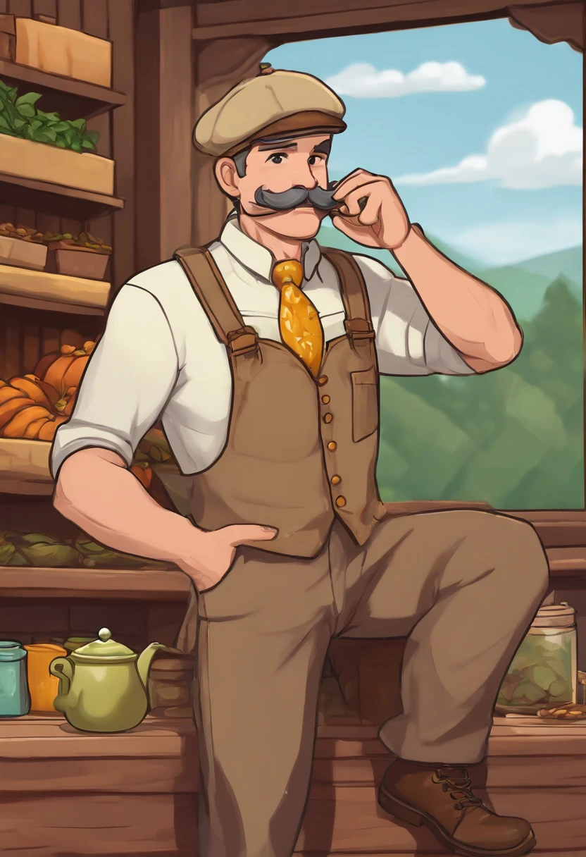 A photo of Mayor Lewis holding a steaming bowl of glazed yams, a cup of green tea, and a plate of hot peppers.,Stardew Valley,He wears a tan newsboy cap. He is old and has a big grey mustache. He is a white man. He wears a green button up top with a yellow necktie. He wears brown suspenders and brown pants.