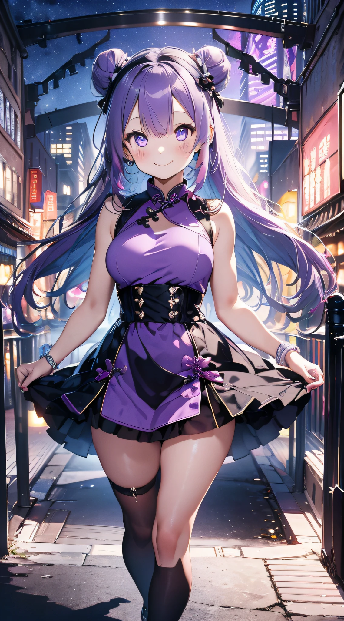 Top image quality、(((full bodyesbian))),Standing Picture、Outstanding style、beauty legs、Leather shoes、dynamicposes、Little Girl, Younger、Gothic lolita, (((light purple hair))), Purple eyes, (mascara), Blunt bangs, ((hair over eyes)), Long hair, mixed pink hair、pink mesh color、medium breasts, frilld, Bun、Black clothes、White bread cover、(((white bun hair accessory cover))),white frills, Black theme, ((Black cheongsam)), faithfully, (((Eye focus))), (((a smile))), the background is blurred, Empty eyes, Black theme、view the viewer, (((Night))), (((hair adornments))), neatly cut bangs