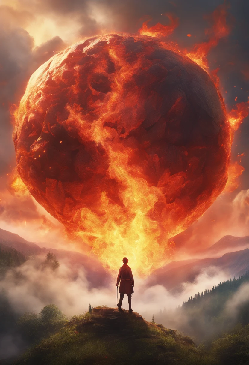 firey orb hovering high in the sky over a giant forest landscape, launching fireballs and destruction down into the forest below, with plumes of smokes rising up. the very picture of desolation and devestation at the hands of this orb