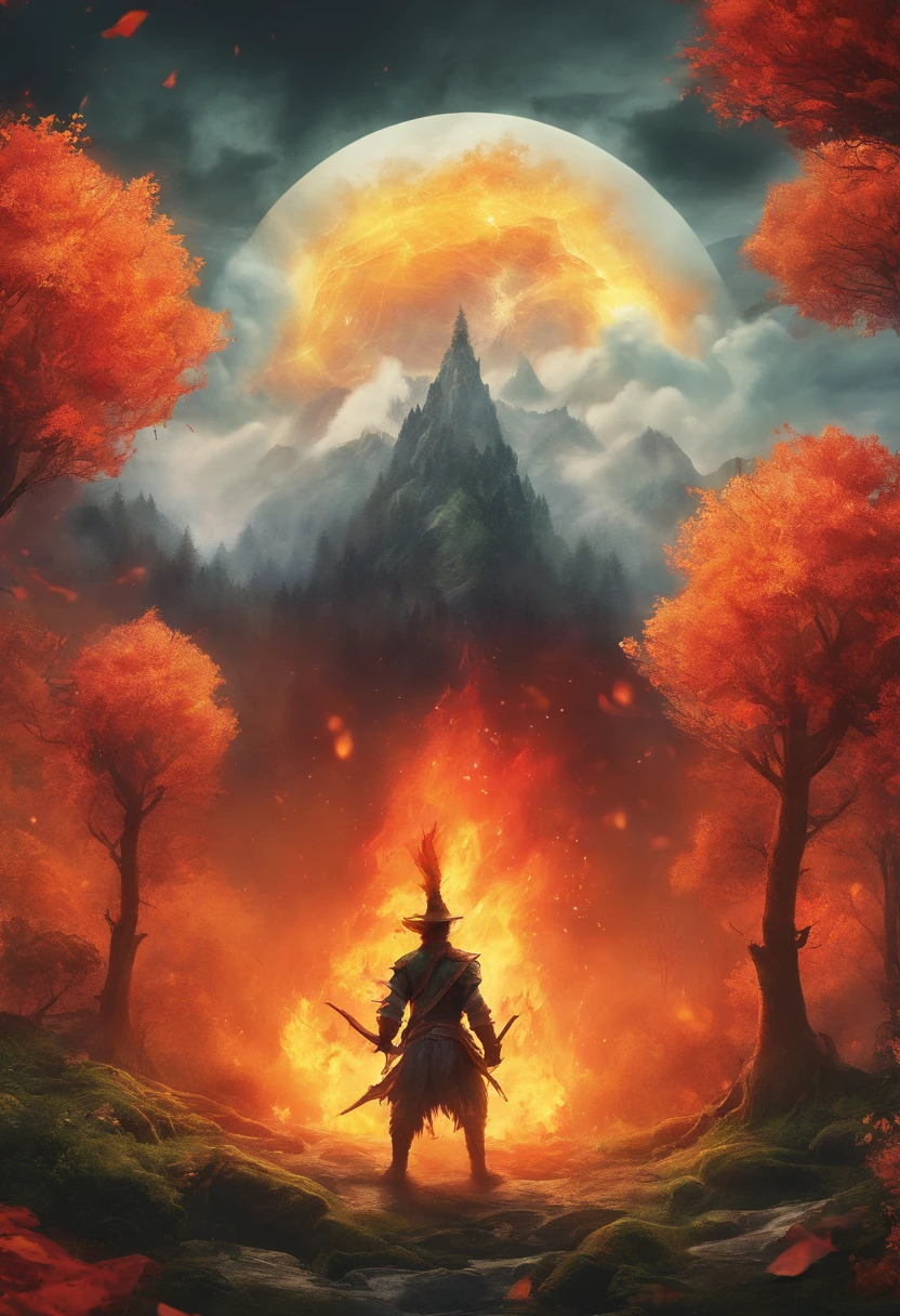 firey orb hovering high in the sky over a giant forest landscape, launching fireballs and destruction down into the forest below, with plumes of smokes rising up. the very picture of desolation and devestation at the hands of this orb