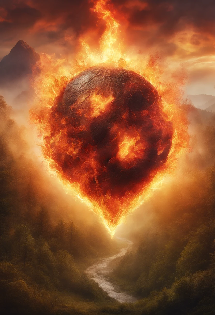 firey orb hovering high in the sky over a giant forest landscape, launching fireballs and destruction down into the forest below, with plumes of smokes rising up. the very picture of desolation and devestation at the hands of this orb