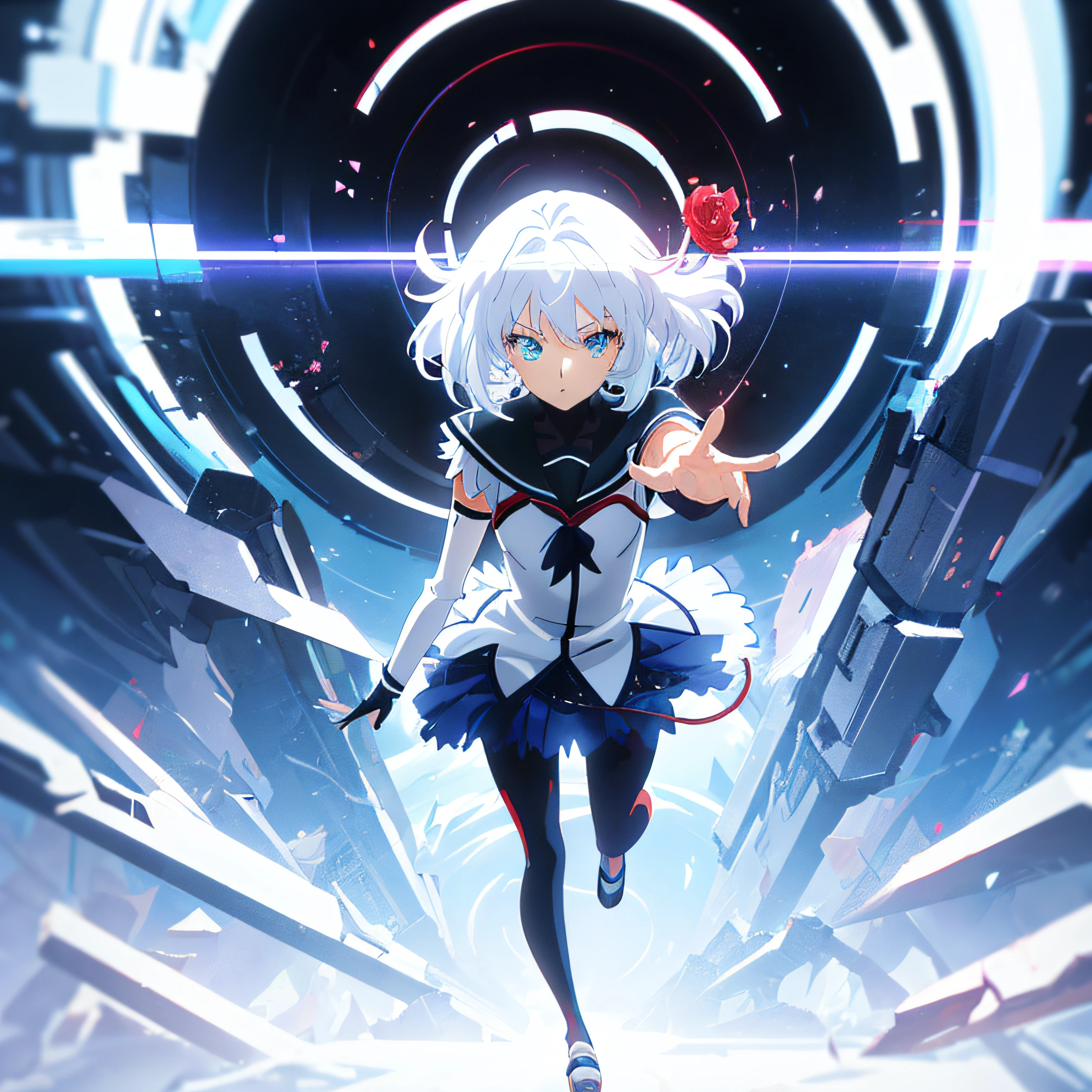 (hyper HD), tmasterpiece,high qulity, (((4K)))，(style of anime:1.6), (afofuturism:1.4),(Broken World:1.4)，（Full body like:1.5），

lightand shade contrast, god light, vignetting, zoom layer,Back Shadow, in a panoramic view,Ray traching,Correct anatomy, Starcloud，floating white rose，A background full of technology，

one-girl，White hair, short detailed hair, Delicate hair, veils, snowflake hair ornament, eyes with brightness, Heterochromic pupils,Face away from the camera,expression of surprise，Reach out to the front，