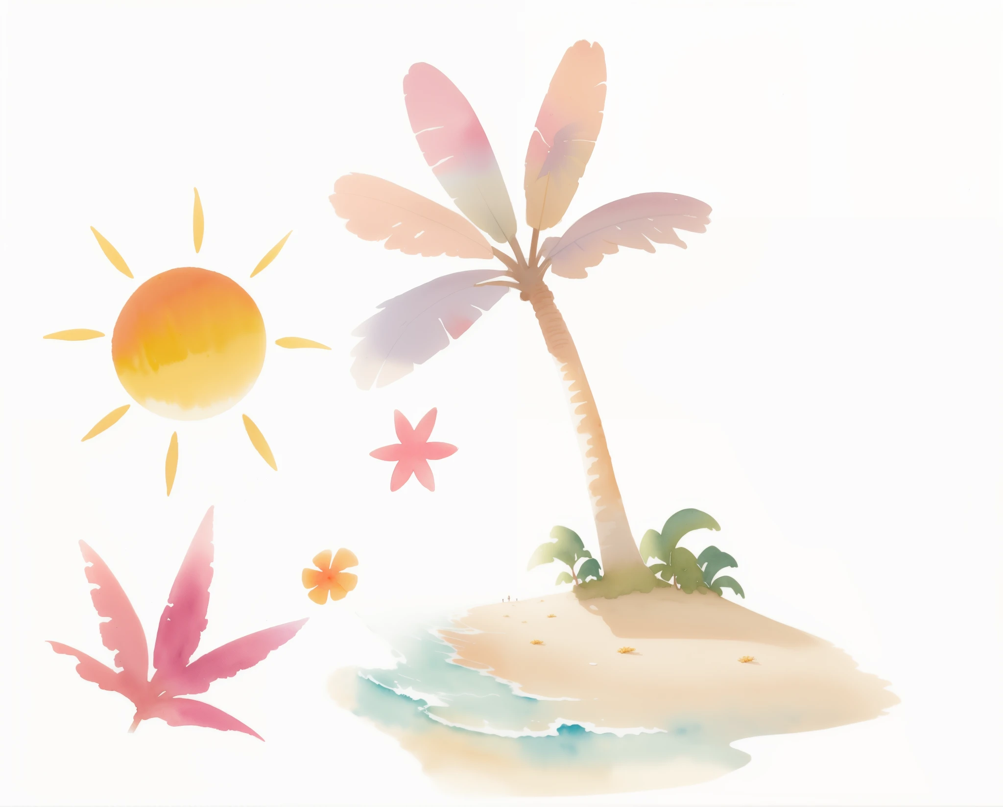 high definition watercolor painting, detalhada aquarelado, de uma palmeira em uma pequena ilha, ambiente ensolarado, summer scenery, em um dia ensolarado, tropical location, summer time, Hora do dia ensolarado, uma palmeira, palmeira, Summer Feeling, em um dia ensolarado, watercolor illustration style, tempo ensolarado brilhante, humor tropical, Estilo Cel-shading, dia ensolarado na praia, em uma praia tropical
