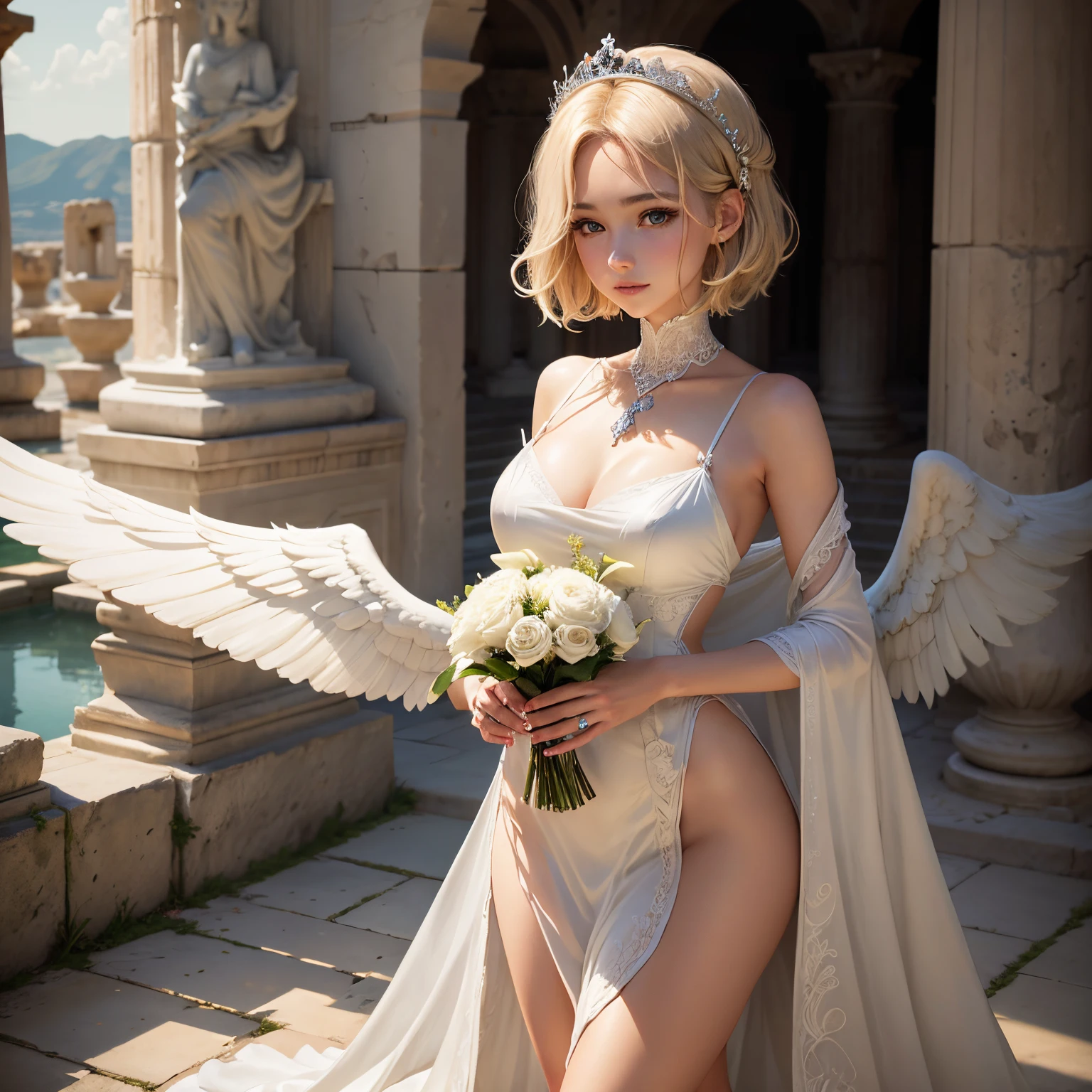 Ancient Greek ruins where only columns remain、In front of the fountain、8K、realphoto、超A high resolution, Master Parts, Best Quality, nffsw , cinematic images,Lovely girl、ann、18year old、Anglo-Saxon、二重まぶた、drooing eyes、Very big eyes、eye shadow、long lashes、 ighly detailed , a blond、Straight short hair、 Sweet look 、ssmile、Charming gaze、A little embarrassing、thin lipss ,Beautiful nasal muscles、the tip of the nose is small,a very beautiful woman、long limbs、bare-legged、 Very clear shadows , jewely , A sexy , A detailed eye, very intricate, shiny skins , Perfect Brilliant, Perfect Lighting, Dramatic shadows ,White tiara on head、Greek see-through white dress、Big white angel wings from behind the back、White bouquet held in both hands、