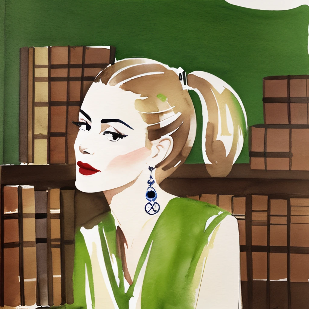 Blonde woman, brown t-shirt, green, library, David Downton watercolor fashion illustration