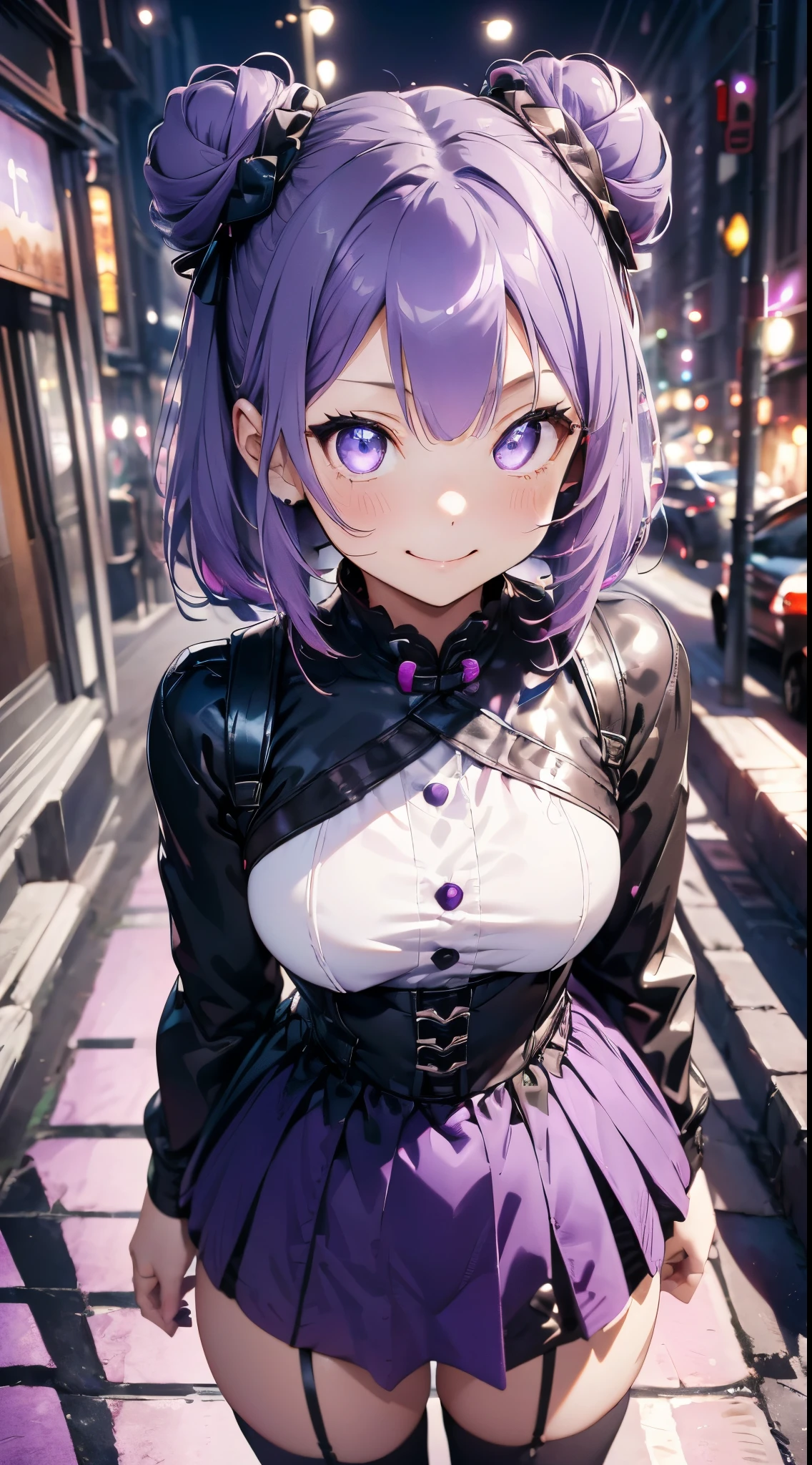 Top image quality、(((full bodyesbian))),Standing Picture、Outstanding style、beauty legs、Leather shoes、dynamicposes、, Younger、Gothic lolita, (((light purple hair))), Purple eyes, (mascara), Blunt bangs, ((hair over eyes)), Long hair, mixed pink hair、pink mesh color、medium breasts, frilld, Bun、Black clothes、White bread cover、(((white bun hair accessory cover))),white frills, Black theme, ((Black cheongsam)), faithfully, (((Eye focus))), (((a smile))), the background is blurred, Empty eyes, Black theme、view the viewer, (((Night))), (((hair adornments))), neatly cut bangs