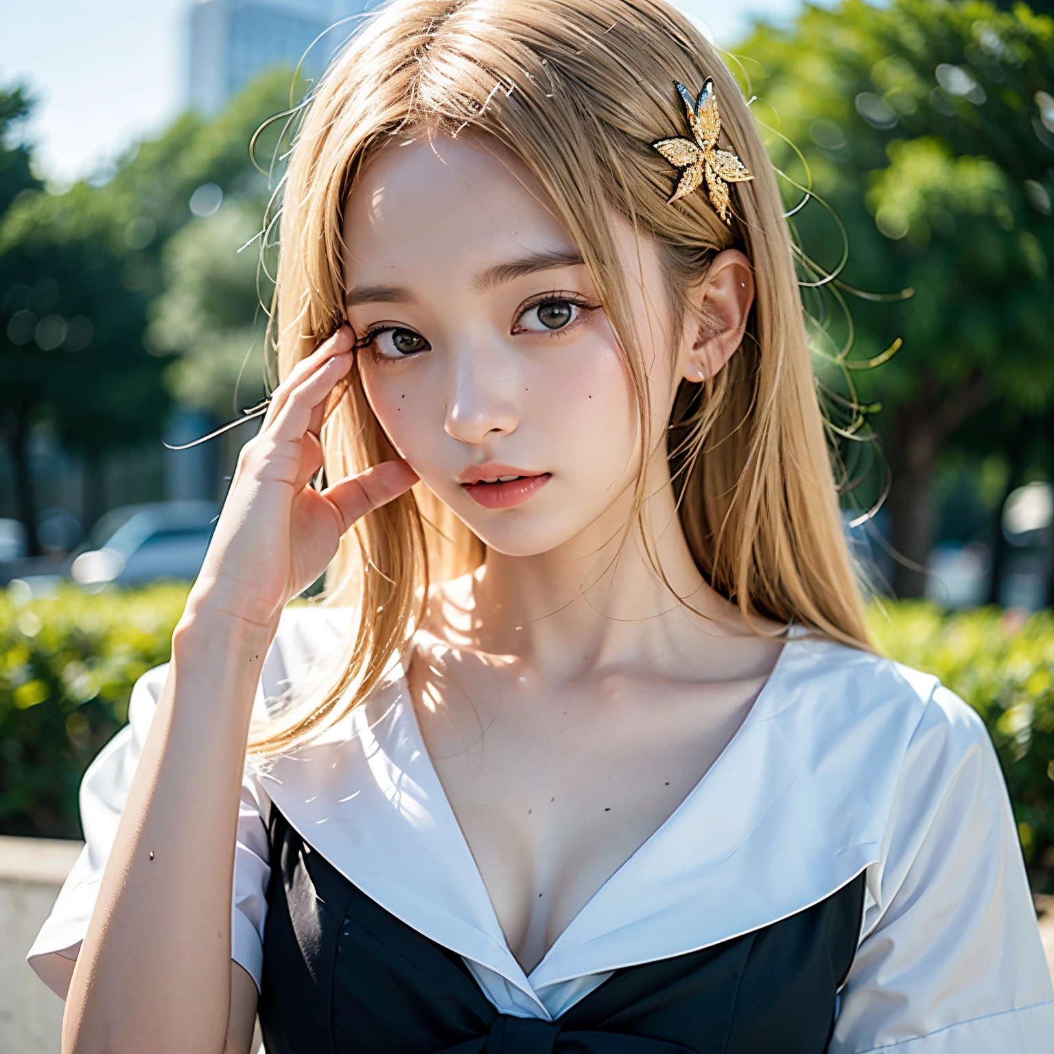 (masutepiece, Best Quality:1.2), 8K, Official art, Raw photo, Cute breasts、a blond、Full Bord Bill Four、Handcuffed and restrained、Hands behind your back、14years、small tits、Torn sailor suit、unbelievable Ridiculous, (Upper body、校服:1.4), Beautiful Girl, Pretty Face, arching back down,、Gold hair ornament on hair、close up, Sailor Suit, Short sleeve, violaceaess, , Looking at Viewer, Film grain, chromatic abberation, Sharp Focus, face lights, Dynamic lighting, Cinematic lighting, Eyes and faces with detailed, Bokeh background,