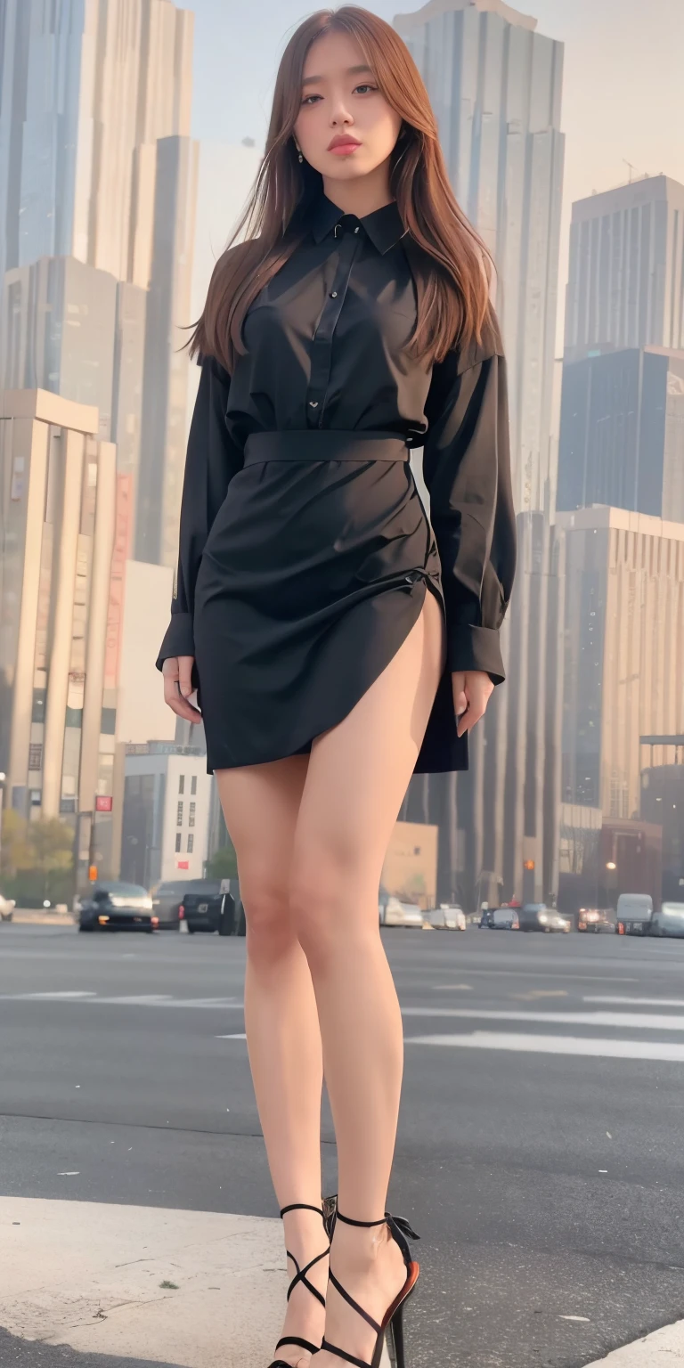 A woman in a black dress and high heels standing on a city street ...