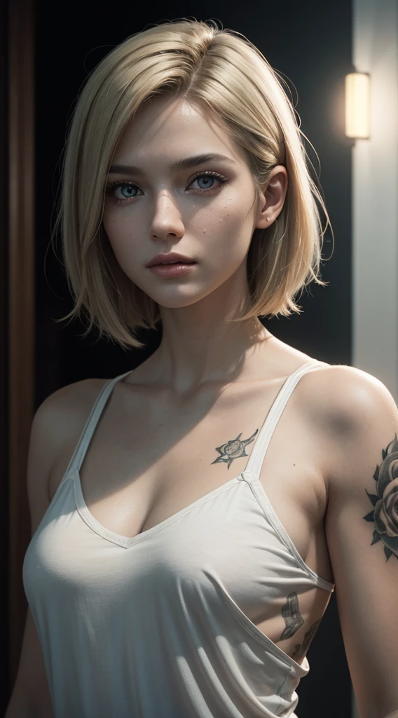 (((HD photo))), ultra high res.photorealistic:. 1.4, UHD, masterpiece, sexy 18 year old girl, solo, blonde hair, small perky breasts, pierced nipples, tiny white shorts, small tatoo on shoulder body focus, Detailed skin, Detailed Face, Detailed Lips, Detailed Eyes, neon light background, nsfw