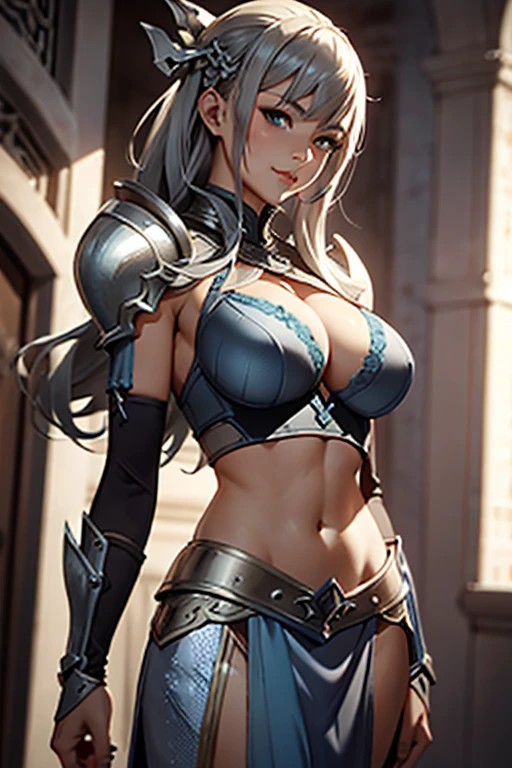 close up shot of a woman in a silver and blue dress, silver armor, large breasts, cleavage, exposed midriff, slender abs, chengwei pan on artstation, by Yang J, detailed fantasy art, stunning character art, smile