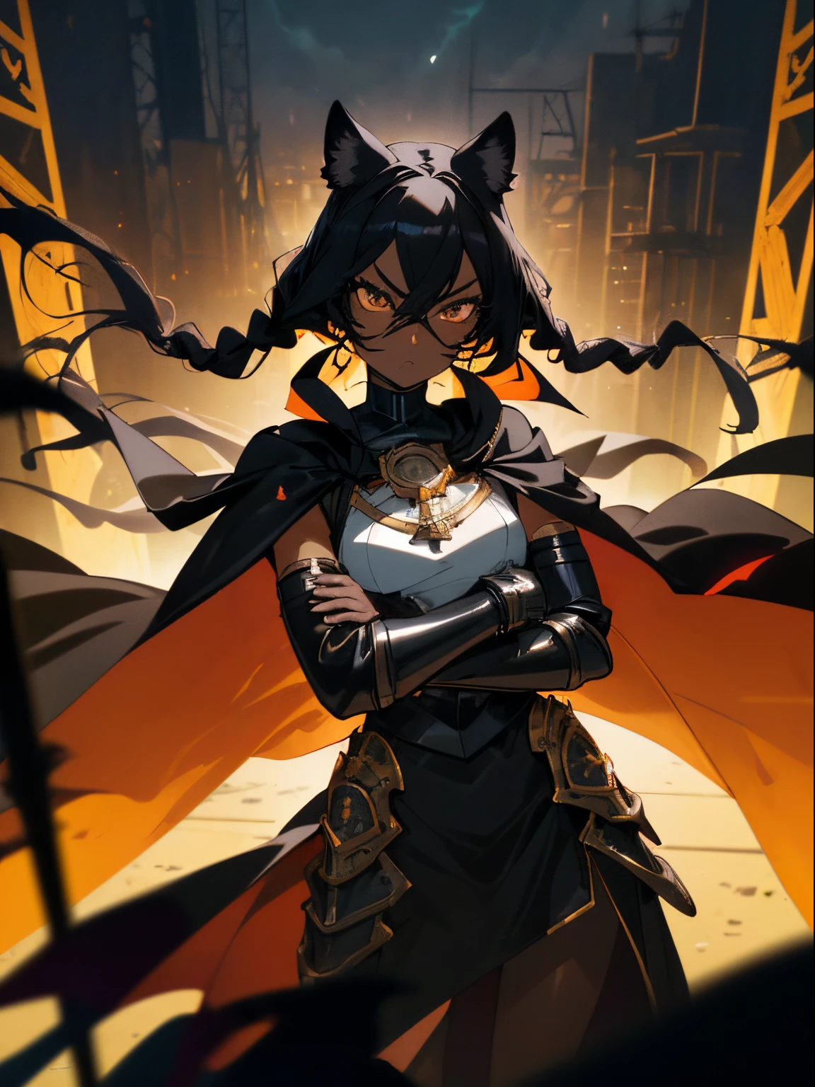 (best quality, masterpiece, anime, 4k, extreme detail), 1girl, magical girl, ((African American, black skin)), corse black hair, panther ears, cornrows, fierce expression, beautiful brown eyes, opera mask, flowing cape, leather armour, on a gantry above an abandoned factory, black outfit, arms crossed, at night, weapon hip, dark colours