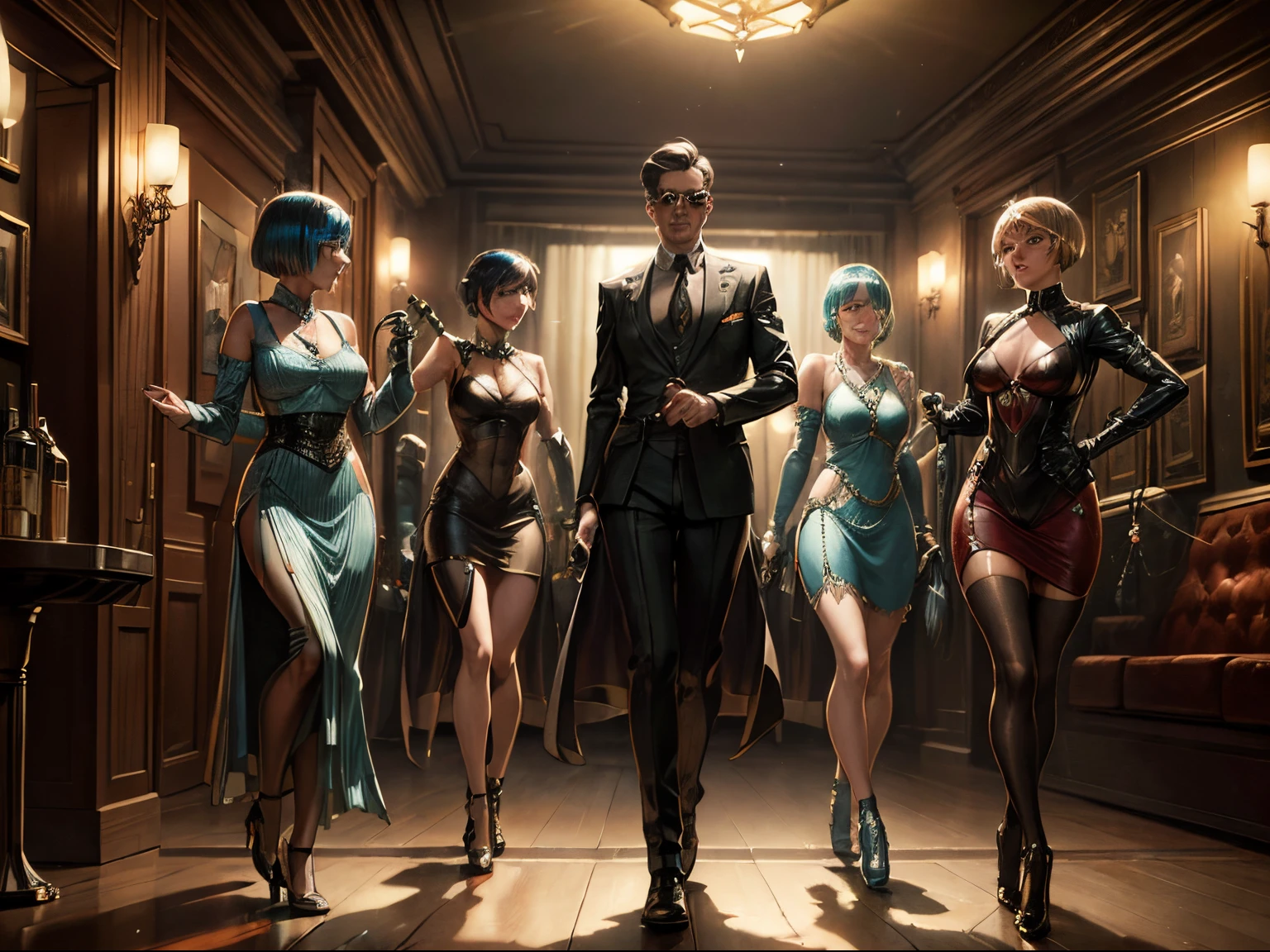 Cyberpunk future polic3 female officers, (a group of 1920s flapper girls,dancing in a speakeasy,1920s clothing and hairstyle,classic jazz music),(oil painting),(smoke-filled room,cocktail glasses,feathers,glittering jewelry),(best quality,8k resolution,HDR effect,highly detailed and realistic),(vintage aesthetics,art deco style,dynamic composition),(rich color palette,warm vintage tones),(soft and atmospheric lighting)