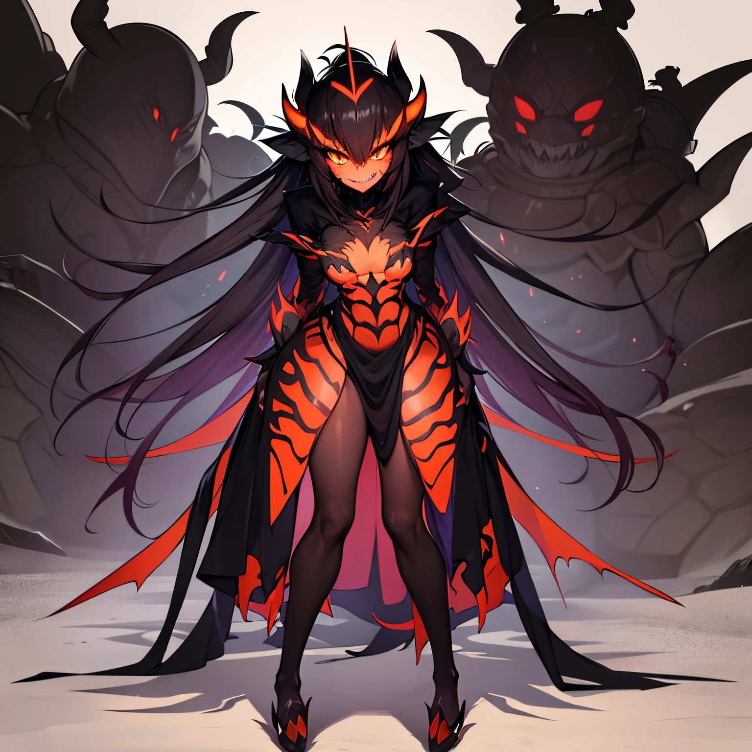 A full body of a spider kaiju woman, orange eyes, pointed teeth, smiling, black horns on head, face covered with mouth still visible, standing up