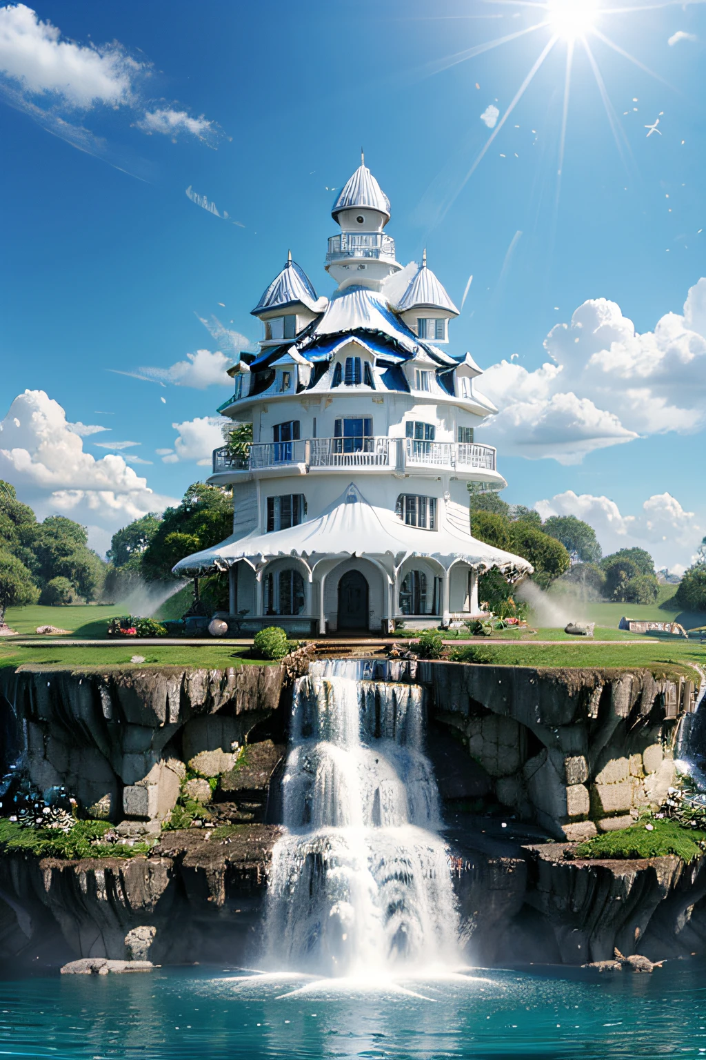 Heaven, blue sky, white waterfall, white mushroom house,